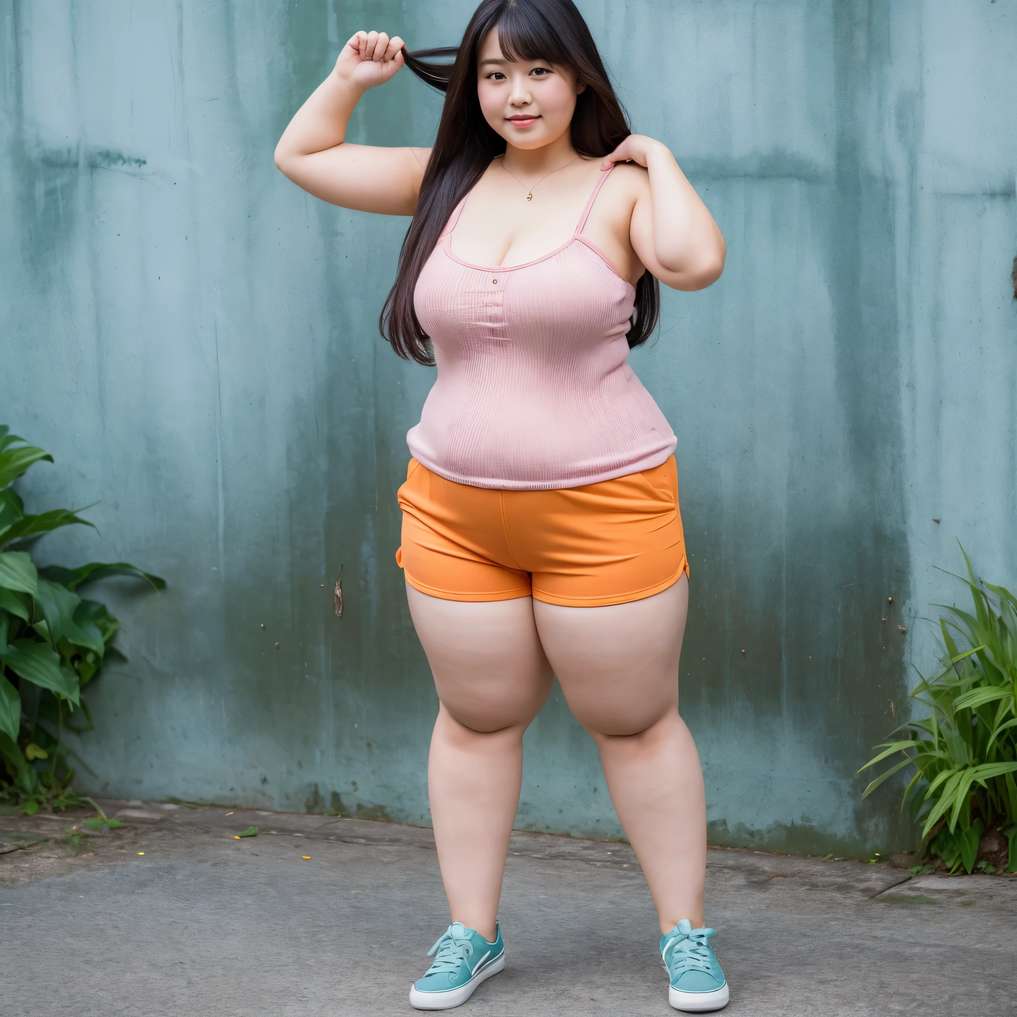 ((super highest quality)), ((masterpiece)), (be familiar with), High resolution, 4K, Full body shot, asian woman, chubby woman, ugly face, Otaku, chubby shorts, small breasts, thick legs, thick below the knees, thick arms, pussy, Are standing