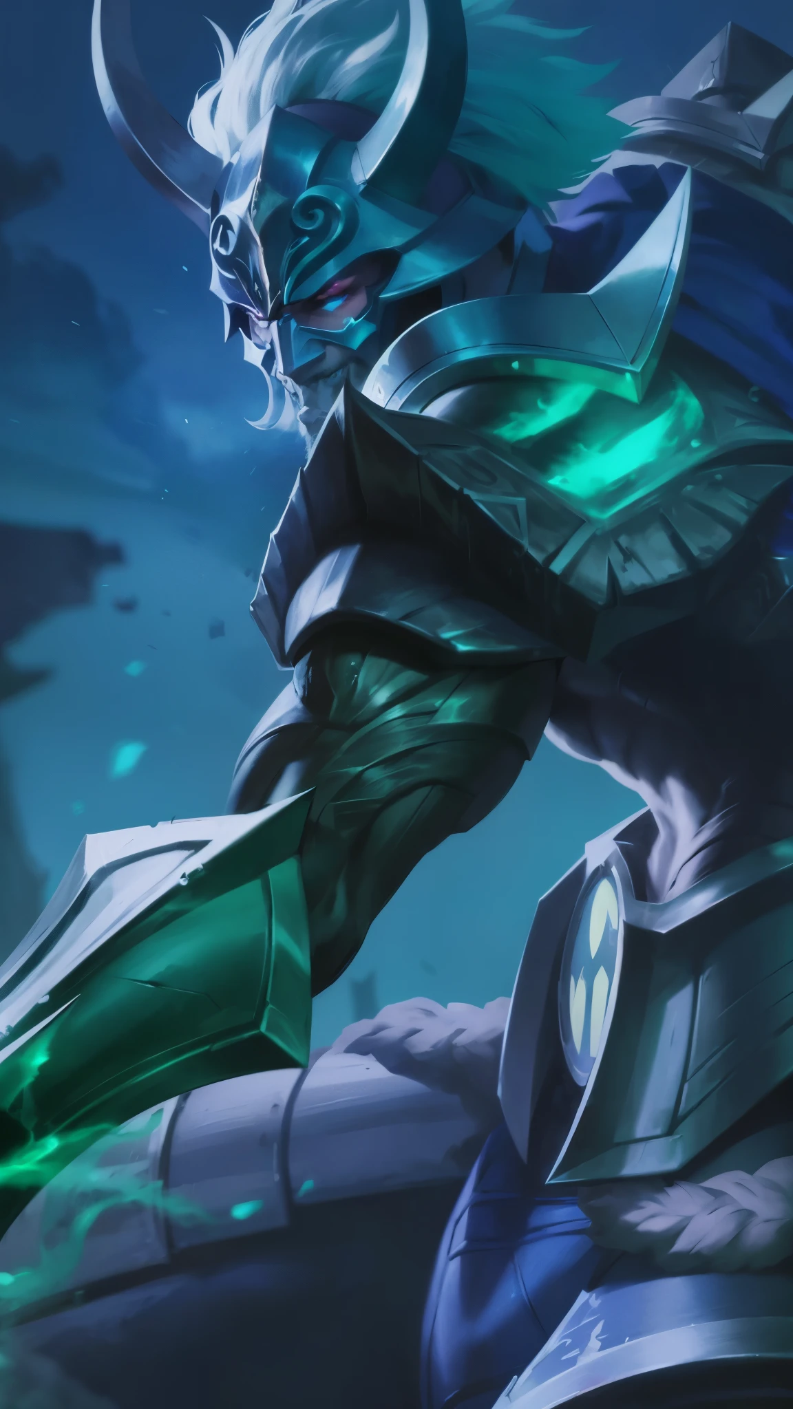 Anime villain, realistic, blue eyes, a close up of a person with a horned head and a sword, amazing portrait of viego, painted portrait of mordekaiser, league of legends character, nasus, splash art, official splash art, league of legends character art, league of legends art, style of league of legends, 8k hd wallpaperjpeg artifact