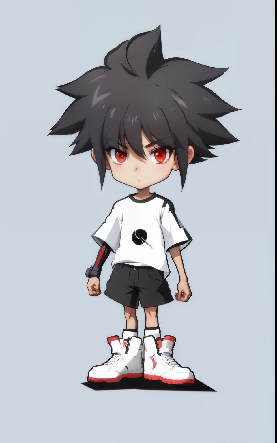 Cartoon boy with black hair, white shirt and red shoes, 2D style, anime style人物, 2Danime style, stylized anime, anime style化, anime style 3d, 扁平化anime style shading, anime style, 扁平化anime style, anime style, merge characters, Cartoon rendering art style, anime style, Chibi style, anime art style