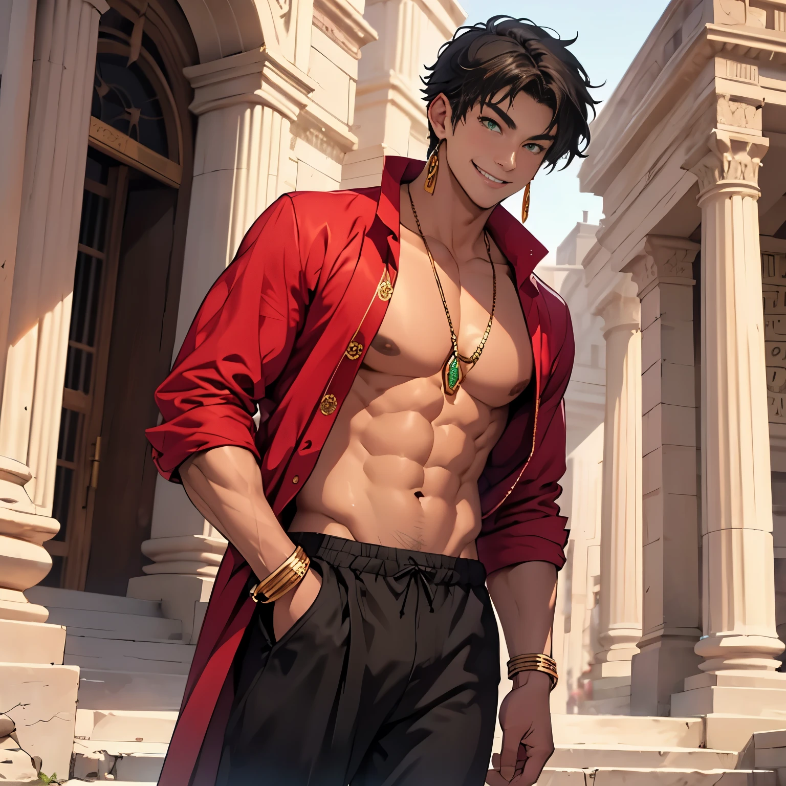 A thin 15-year-old boy walks smiling through the palaces of ancient Egypt black hair brown skin green eyes elegant black clothes with gold with a bare chest wears red gold jewelry