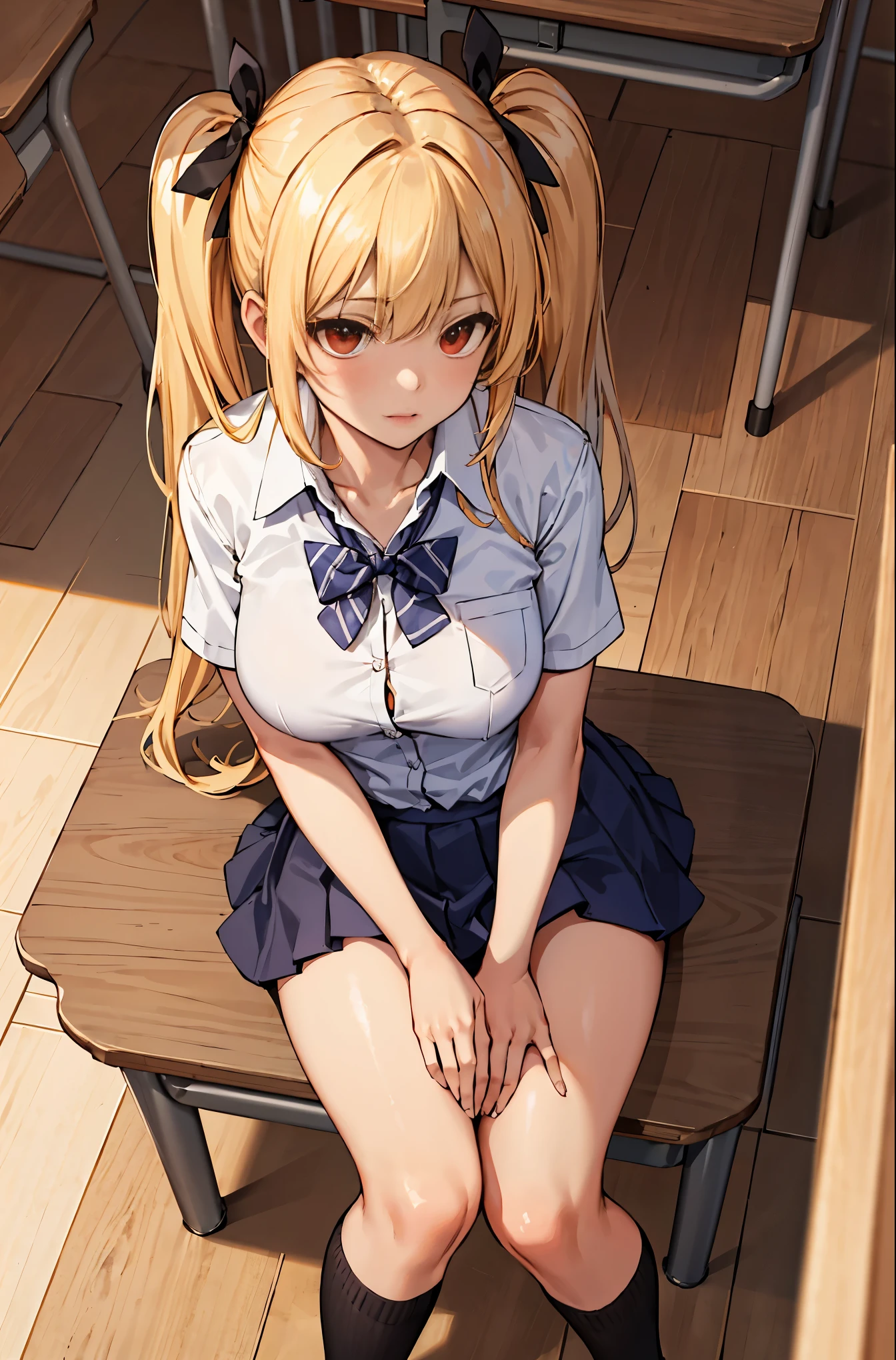 (masterpiece:1.2, highest quality), 1 female, alone, school uniform, classroom, Day, sit, blonde, twin tails, red eyes, Open collaboration bone, black skin, (open chest:1.1),Angle from above:1.15, JK, LJK, golden background, big breasts