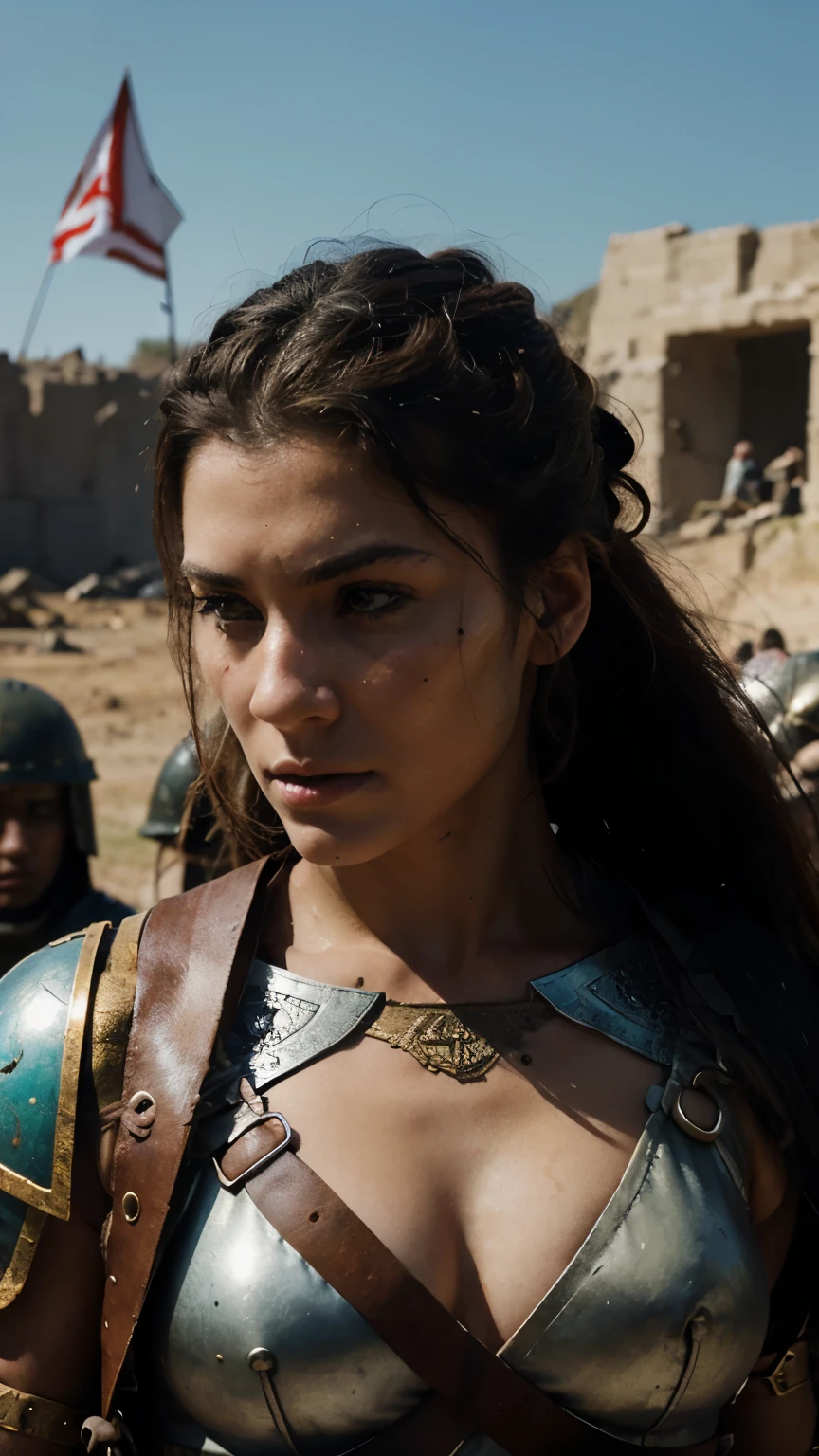 create an image of a woman, warrior, with war trappings, in a battle,create an image of a woman, warrior, with war tragedies, in a battle, ultra realistic image
