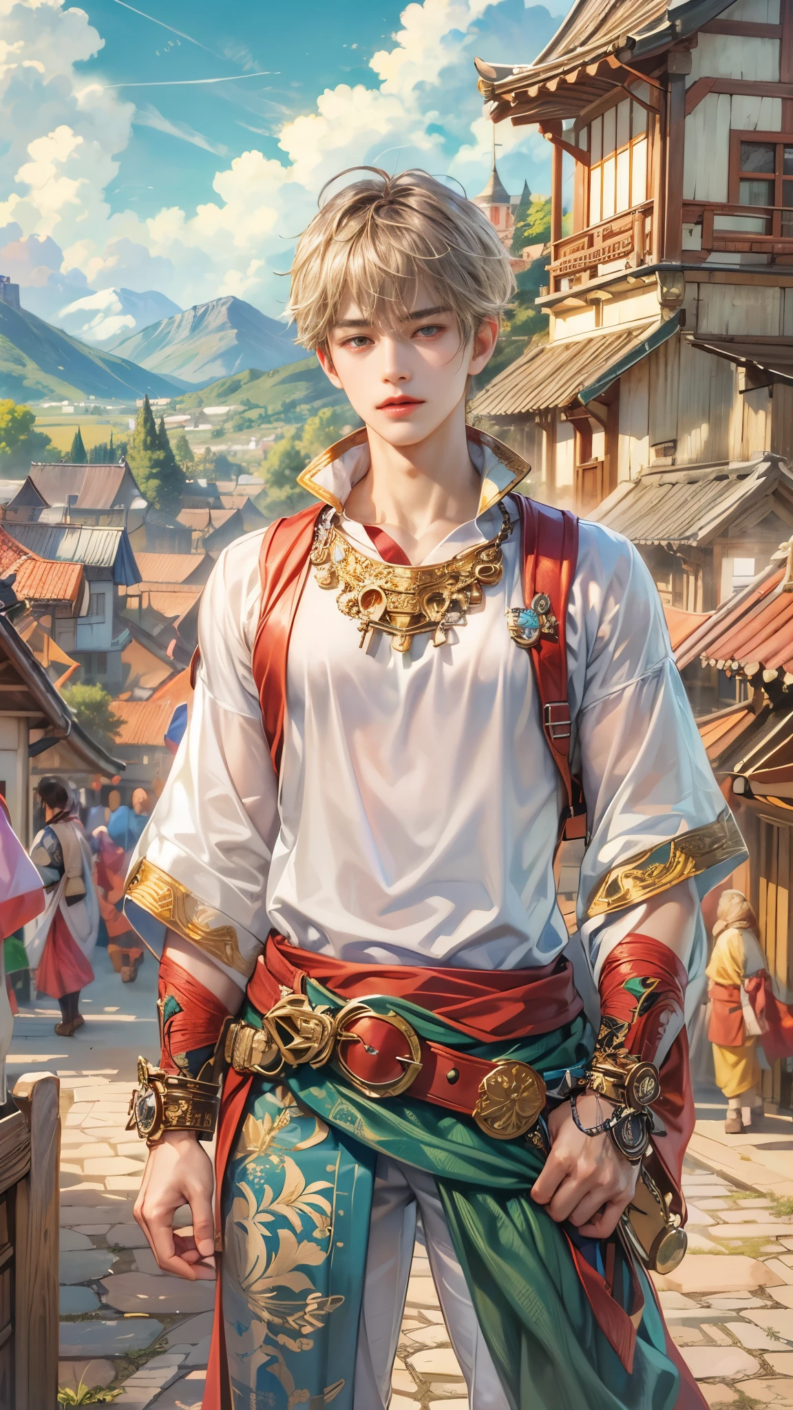 (absurdres, highres, ultra detailed, HDR), masterpiece, intricate details, best quality close-up picture of a character from Ragnarok Online, a character with handsome looks, korean face, short hair, anime eyes, matured teen, fantastic outfit showing chest, crop top, detailed town of prontera background, Festival scenery, detailed character, art kenouji
