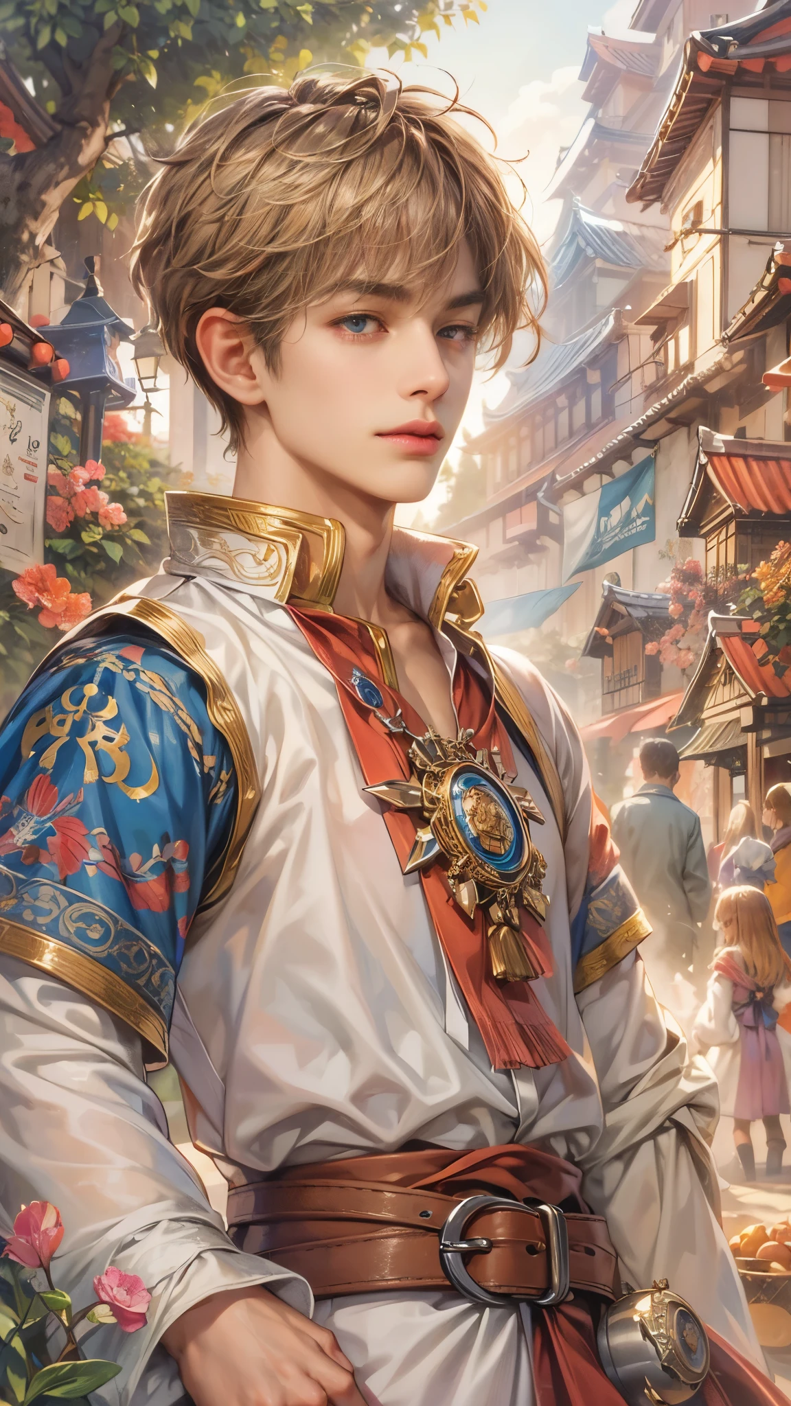 (absurdres, highres, ultra detailed, HDR), masterpiece, intricate details, best quality close-up picture of a character from Ragnarok Online, a character with handsome looks, korean face, short hair, anime eyes, matured teen, fantastic outfit showing chest, crop top, detailed town of prontera background, Festival scenery, detailed character, art kenouji