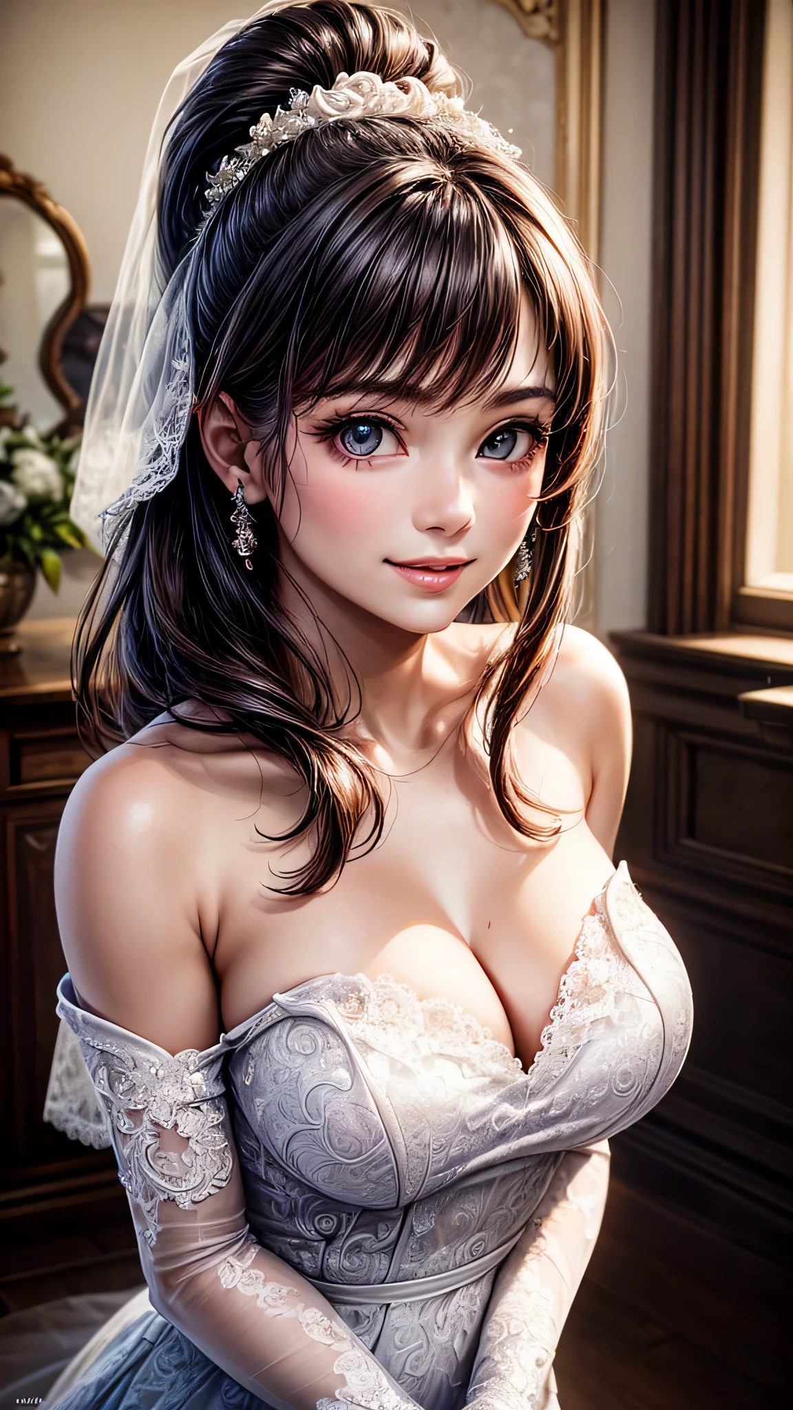 (1girl), ponytail, Extremely cute face, Amazing face and eyes, (Highly detailed eyes, Highly detailed face), fresh, Very clean appearance, (Hyper-realistic, hight resolution), (Best Quality:1.4), (hyper quality), Authentic skin texture, Raw photo, (Realistic, Photorealsitic:1.37), highly detailed, Professional Photography, (beautiful lace bridal dress:1.5), (lace bridal dress with open front), (cleavage:1.2), (Bare shoulders), Smile slightly, (Staring at me), luxury living room, girl portrait,