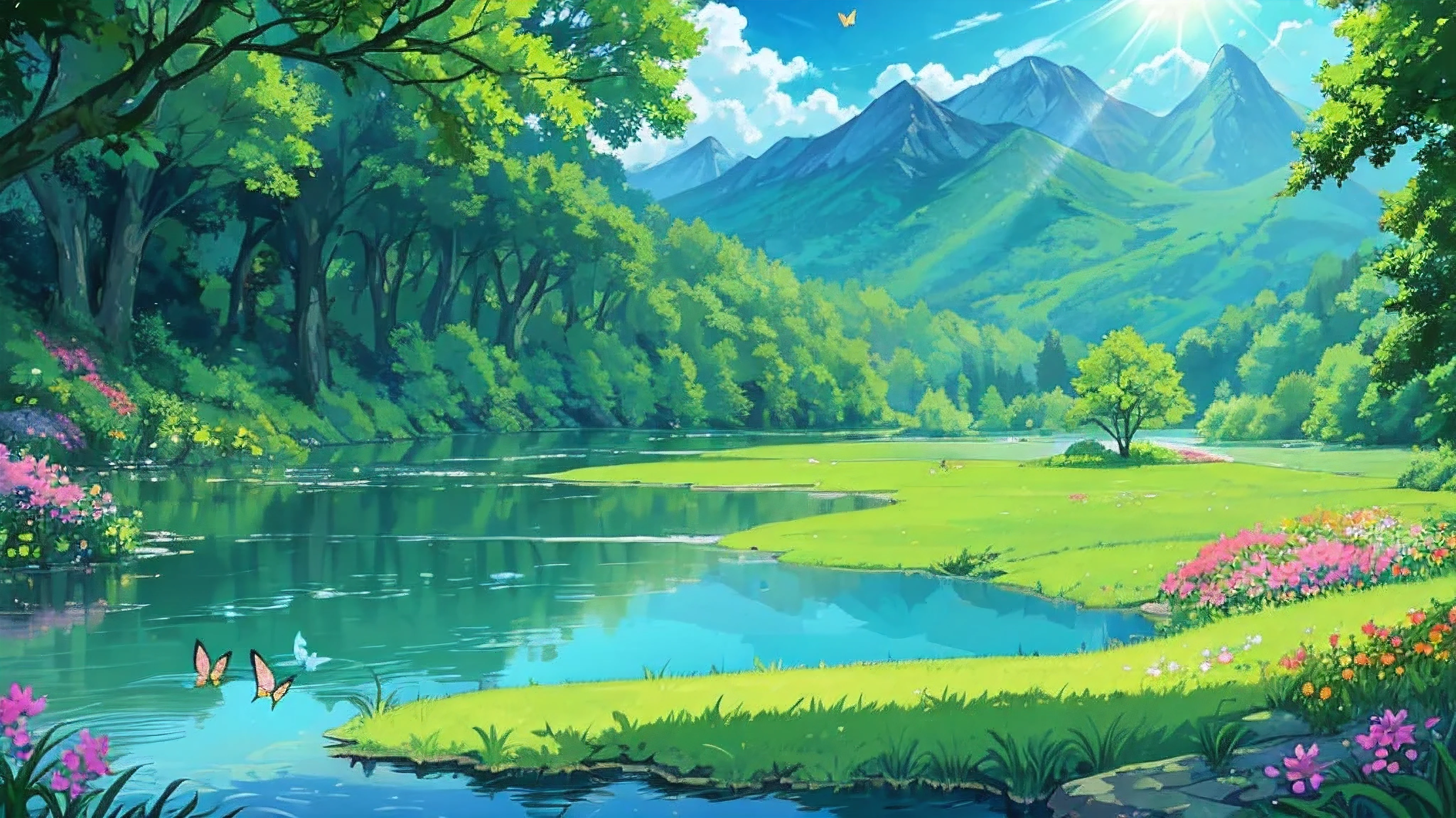 wild pond,(natural scenery),(lake),(Sunlight照耀下的),(HD),clear blue water,(high transparency),Surrounded by lush green trees,(grassland),The distant mountains are connected to the sky,(mountains),(cloud),(Sunlight),(breeze blows),(flowers bloom),(Butterflies flying),(beautiful),(peaceful)