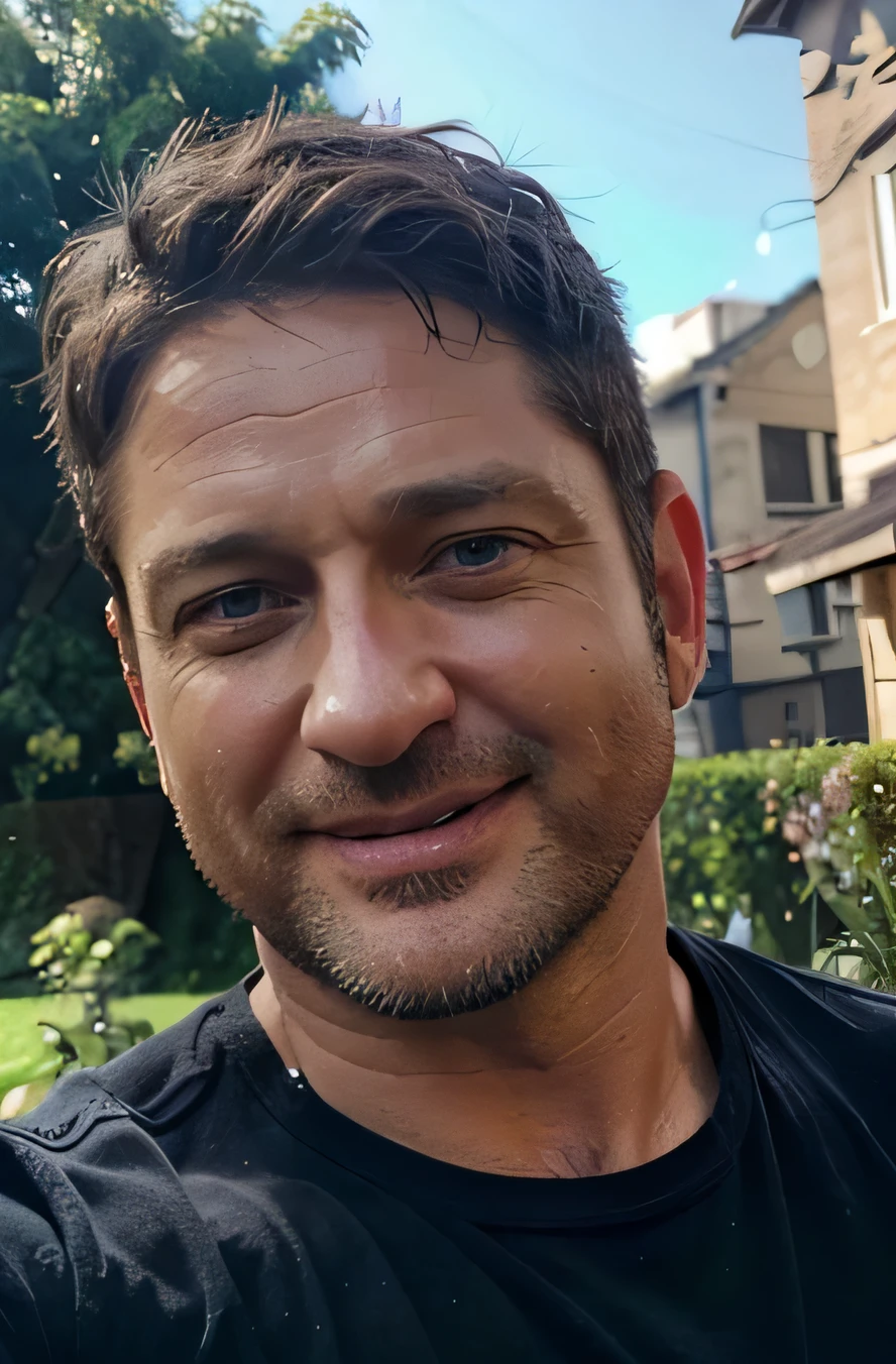 A man smiling in a private outdoor background, taken in the early 2024s, photo of a 53-year-old white Scottish man, Gerard Butler, about 53 years old, he is about 53 years old Scottish, chubby-like face, matured man, wearing a dark blue shirt, only wearing dark blue shirt, no face cap, selfie picture, selfie image, face outline, smiling face, chubby face, original outline, Gerard Butler 2024, Gerard Butler selfie, exact face, Gerard Butler February 2024, standing selfie, average image, no blur, clean photo, original image, chubby matured male, average selfie, realistic image.