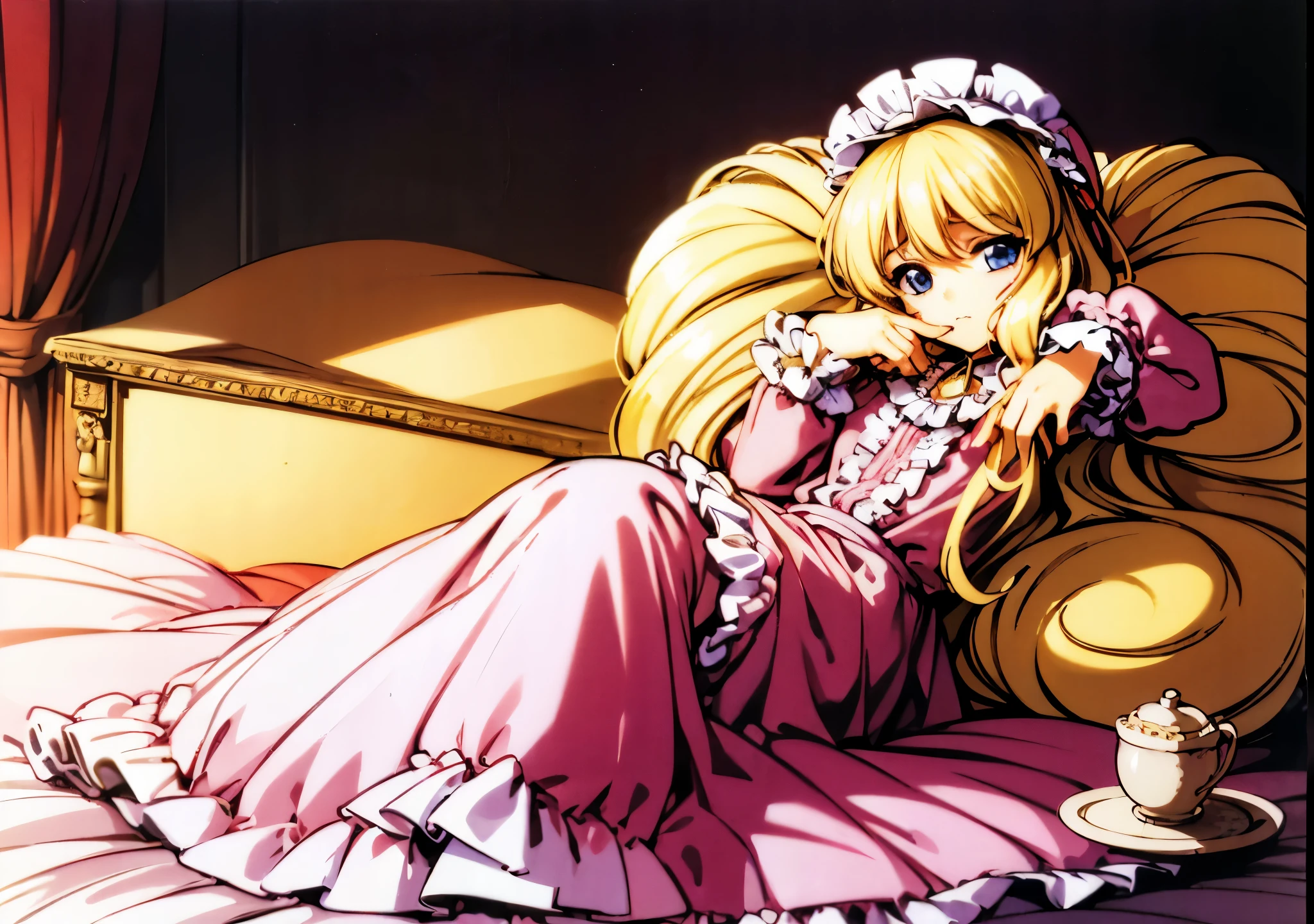 ,highest quality, masterpiece, highest resolution, artwork, super それにget used to it, many get used to it, get used to it, それにget used to it, 3K anime illustration,(( girl)),Super detailed baby face,hty small face,long blonde hair that grows to the waist,blue eyes,白い肌のeuropean,pajamas, european,(((super long blonde hair))),curly hair,blue eyes,((((ピンクのロリータファッションのlong skirtのワンピースドレス)))),((Pink dress with lots of frills and ribbons)),((Luxurious headdress with frills and ribbons)),detailed headdress,,(((big yoke collar))),Yoke collar with ruffles and ribbons,((((long sleeve)))),ruffle sleeves,((((long skirt)))),white ruffle and lace socks,large frill and ribbon pillow,detailed costume,ピンクの贅沢なcanopy bedの上,canopy bed,The bed is surrounded by luxurious curtains,many frilly pillows on the bed,super detailed background,detailed bed,romantic atmosphere,soft pink comforter,soft ruffle pillow,Beautiful girl illustration,detailed beautiful face detailed hair,detailed human eye ,detailed mouth, arm details,fine hands,Detailed pillow,wide bed,Illustration on the bed, ,((((round futon)))),((((A large ruffled futon that covers the entire bed)))),detailed comforter,detailed bedシーツ,