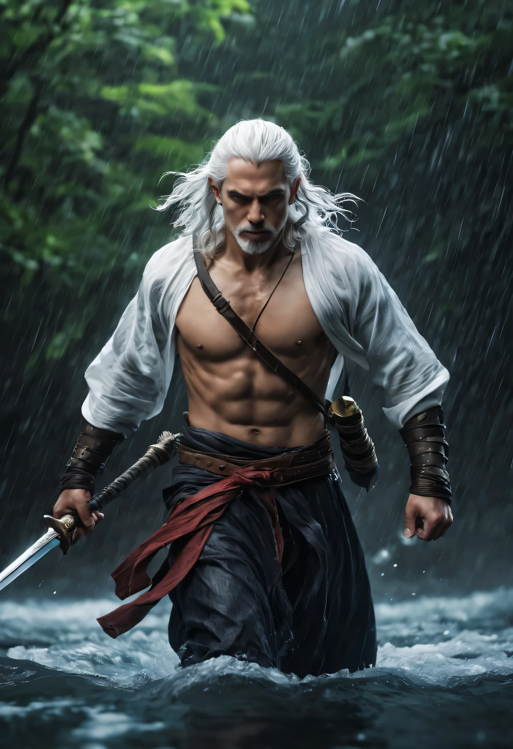 best quality，Ultra-fine，The white-haired warrior appears in the water ，With a sword on his back，（lifelike，photorealism：1.37），bright colors，clear focus，Defocused，（fantasy：1.2），（mystical landscapes），（dynamic poses：1.37），（intense gaze），（Extraordinary power），（the power of myth），black and red，rainy day
