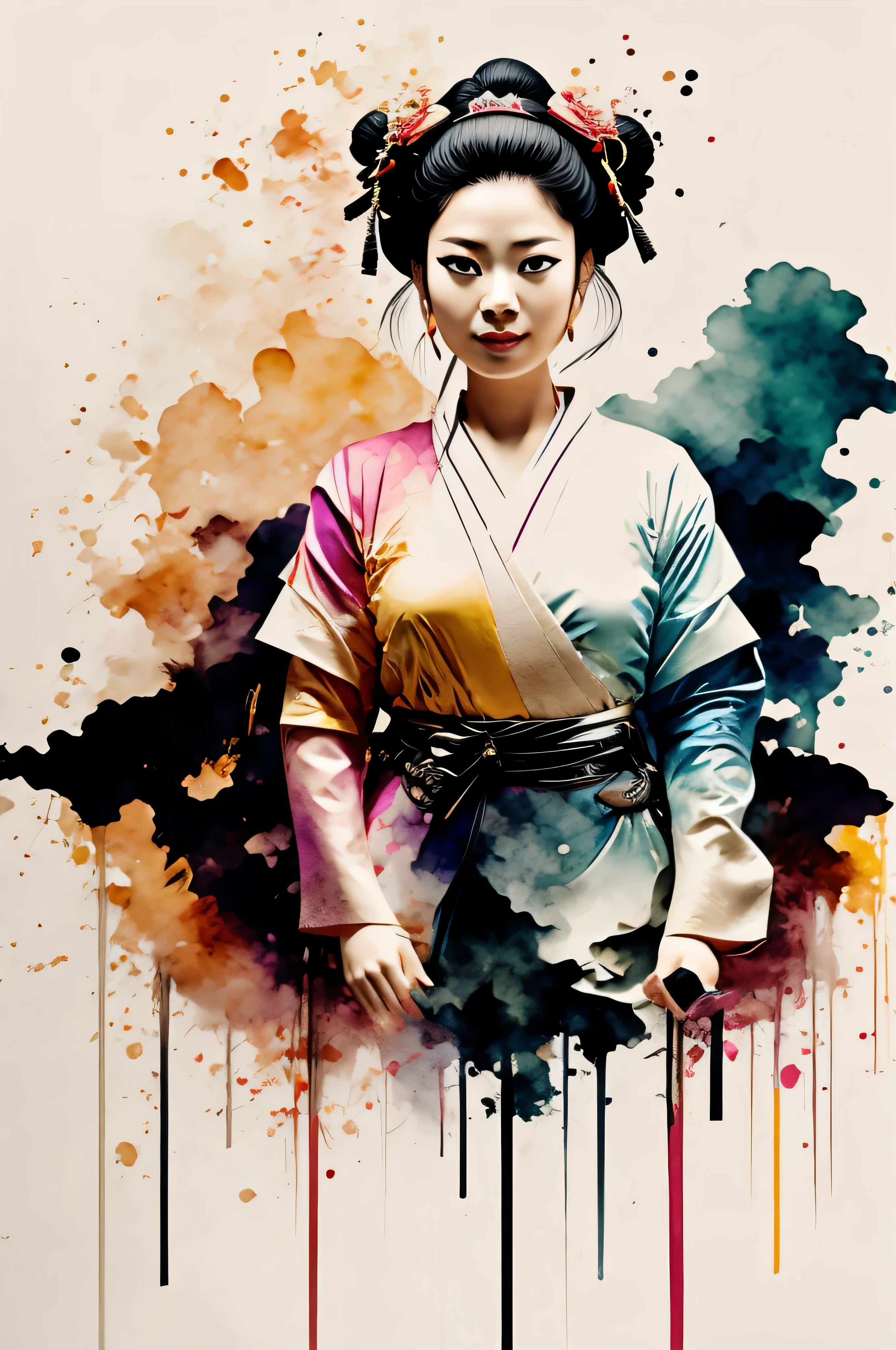 woman wearing samurai costume.Japanese traditional conceptual art.samurai style, as samurai, street samurai.(masterpiece, best quality:1.2),art illustration,Abstract surreal colors,colorful. heroine