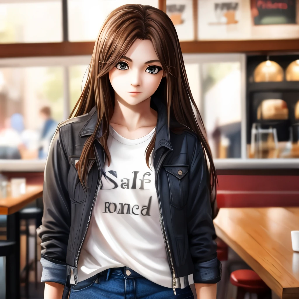Girl, long brown hair, gray eyes, sharp features, white skin, T-shirt and jeans jacket style with pants, cafe
