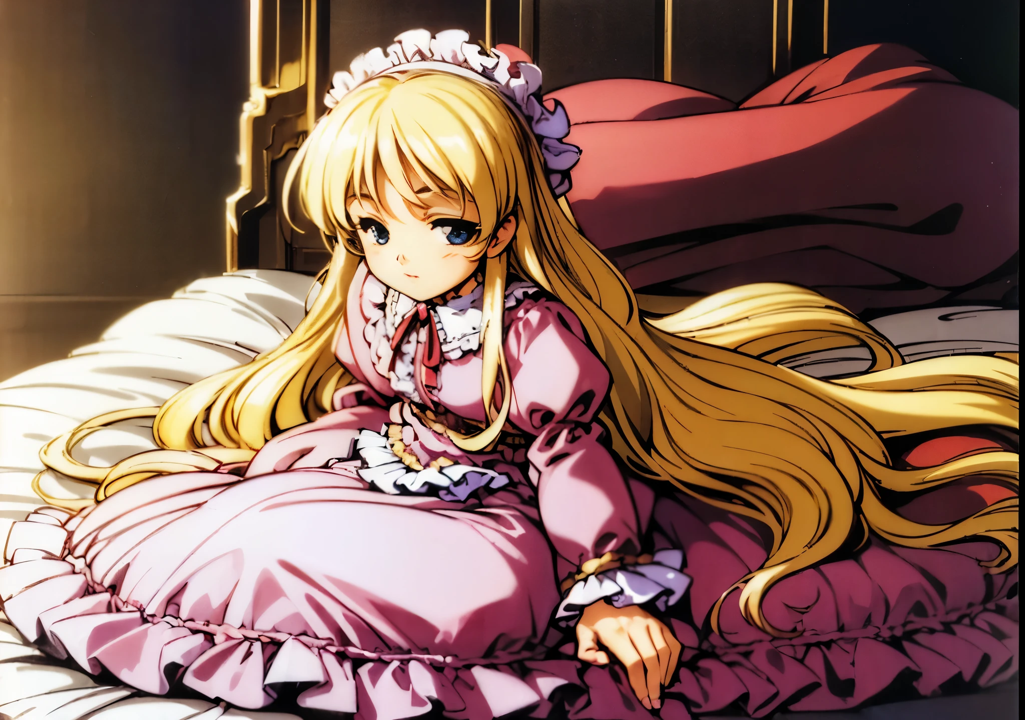 ,highest quality, masterpiece, highest resolution, artwork, super それにget used to it, many get used to it, get used to it, それにget used to it, 3K anime illustration,(( girl)),Super detailed baby face,hty small face,long blonde hair that grows to the waist,blue eyes,白い肌のeuropean,pajamas, european,(((super long blonde hair))),curly hair,blue eyes,((((ピンクのロリータファッションのlong skirtのワンピースドレス)))),((Pink dress with lots of frills and ribbons)),((Luxurious headdress with frills and ribbons)),detailed headdress,,(((big yoke collar))),Yoke collar with ruffles and ribbons,((((long sleeve)))),ruffle sleeves,((((long skirt)))),white ruffle and lace socks,large frill and ribbon pillow,detailed costume,ピンクの贅沢なcanopy bedの上,canopy bed,The bed is surrounded by luxurious curtains,many frilly pillows on the bed,super detailed background,detailed bed,romantic atmosphere,soft pink comforter,soft ruffle pillow,Beautiful girl illustration,detailed beautiful face detailed hair,detailed human eye ,detailed mouth, arm details,fine hands,Detailed pillow,wide bed,Illustration on the bed, ,((((round futon)))),((((A large ruffled futon that covers the entire bed)))),detailed comforter,detailed bedシーツ,