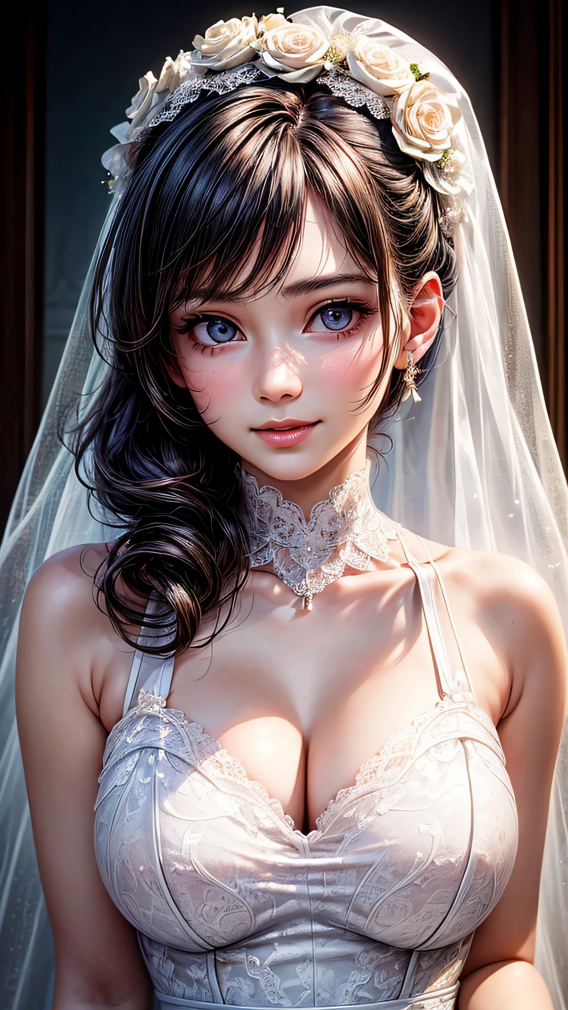 (1girl), ponytail, Extremely cute face, Amazing face and eyes, (Highly detailed eyes, Highly detailed face), fresh, Very clean appearance, (Hyper-realistic, hight resolution), (Best Quality:1.4), (hyper quality), Authentic skin texture, Raw photo, (Realistic, Photorealsitic:1.37), highly detailed, Professional Photography, (beautiful lace bridal dress:1.5), (lace bridal dress with open front), (cleavage:1.2), (Bare shoulders), Smile slightly, (Staring at me), luxury living room, girl portrait,