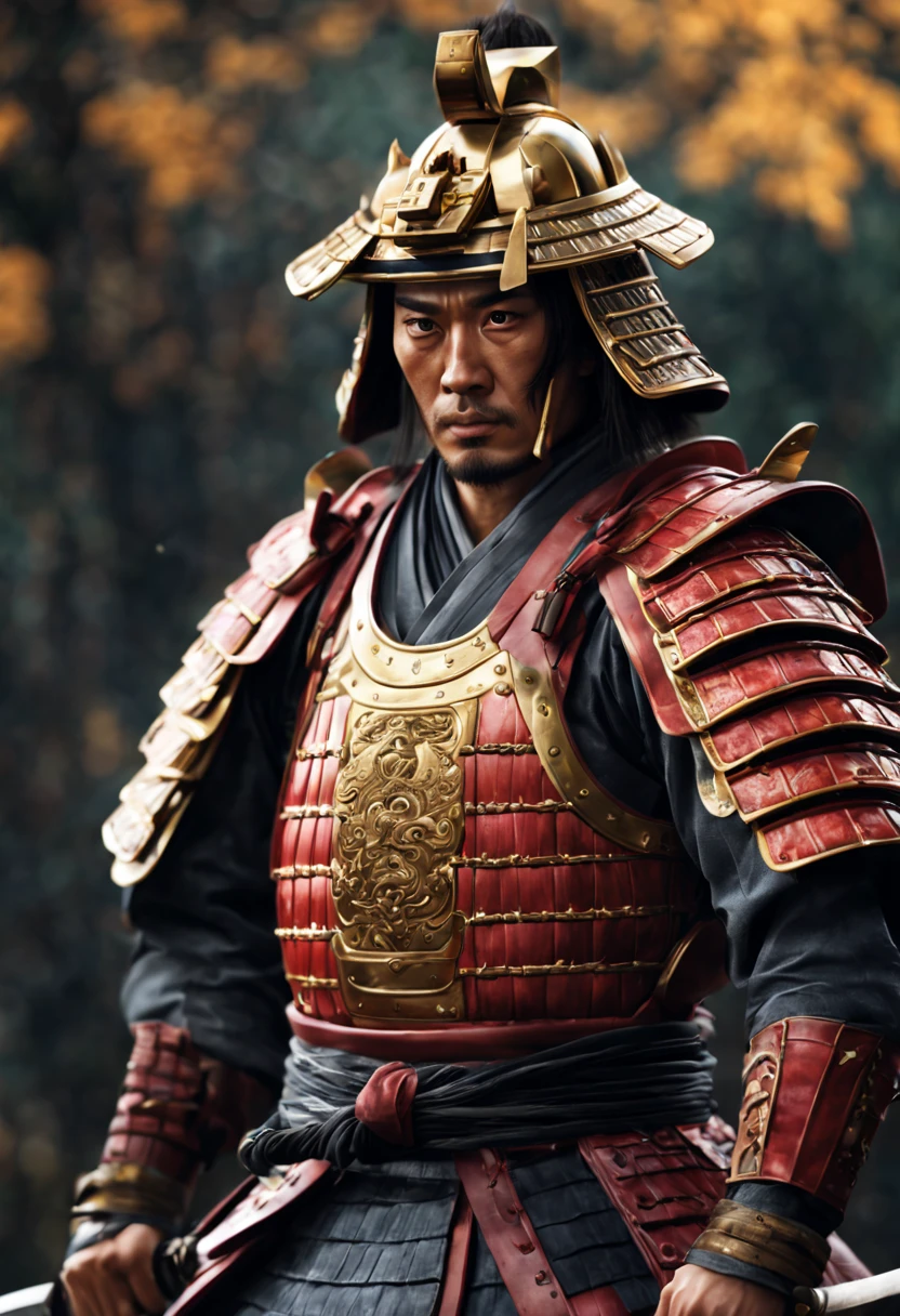 (best quality, 4k, 8k, high resolution, masterpiece: 1.2), ultra detailed, (realistic, photorealistic, photorealistic: 1.37), a samurai, traditional armor, ultra-fine painting, HDR, UHD, studio lighting, physics. Based on rendering, professional, vivid colors, long katana, shiny metallic armor, cloth tunic with intricate patterns, Shiroyama hill background sharp focus, polished helmet, decorative insignia, stoic and fierce expression, powerful posture, rippling muscles and defined physique, styled hair. , Artistic representation, spectacular lighting, color grading to enhance the traditional feel, authentic samurai footwear.