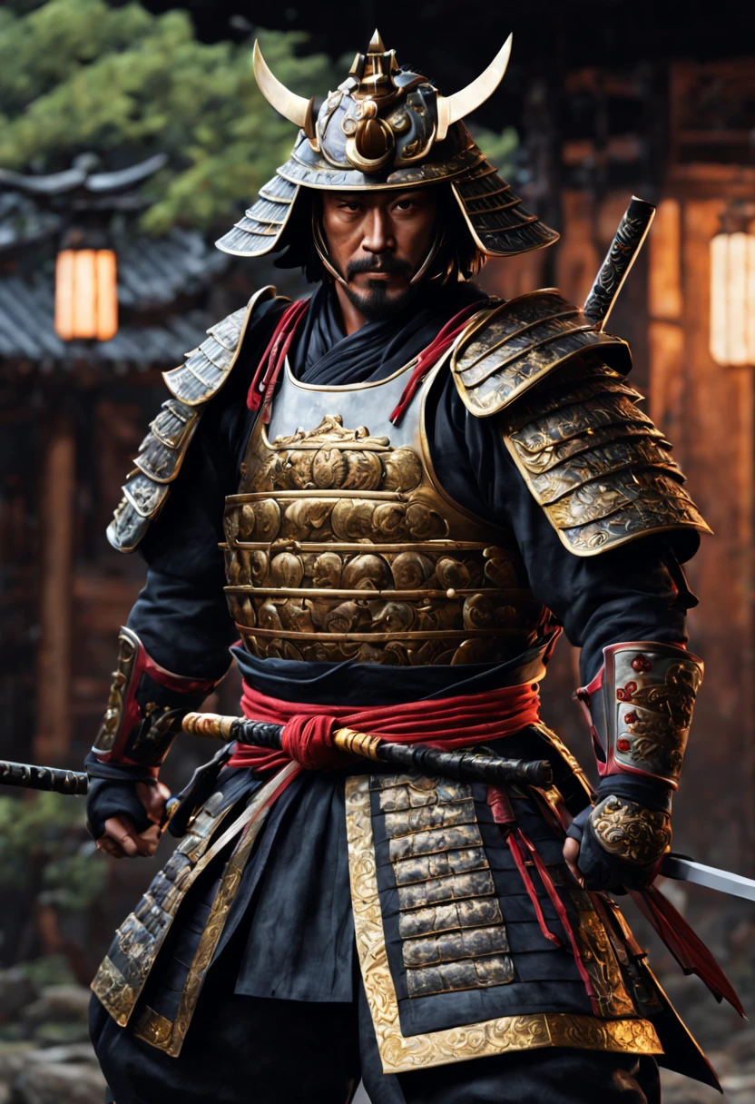 (best quality, 4k, 8k, high resolution, masterpiece: 1.2), ultra detailed, (realistic, photorealistic, photorealistic: 1.37), a samurai, traditional armor, ultra-fine painting, HDR, UHD, studio lighting, physics. Based on rendering, professional, vivid colors, long katana, shiny metallic armor, cloth tunic with intricate patterns, Shiroyama hill background sharp focus, polished helmet, decorative insignia, stoic and fierce expression, powerful posture, rippling muscles and defined physique, styled hair. , Artistic representation, spectacular lighting, color grading to enhance the traditional feel, authentic samurai footwear.