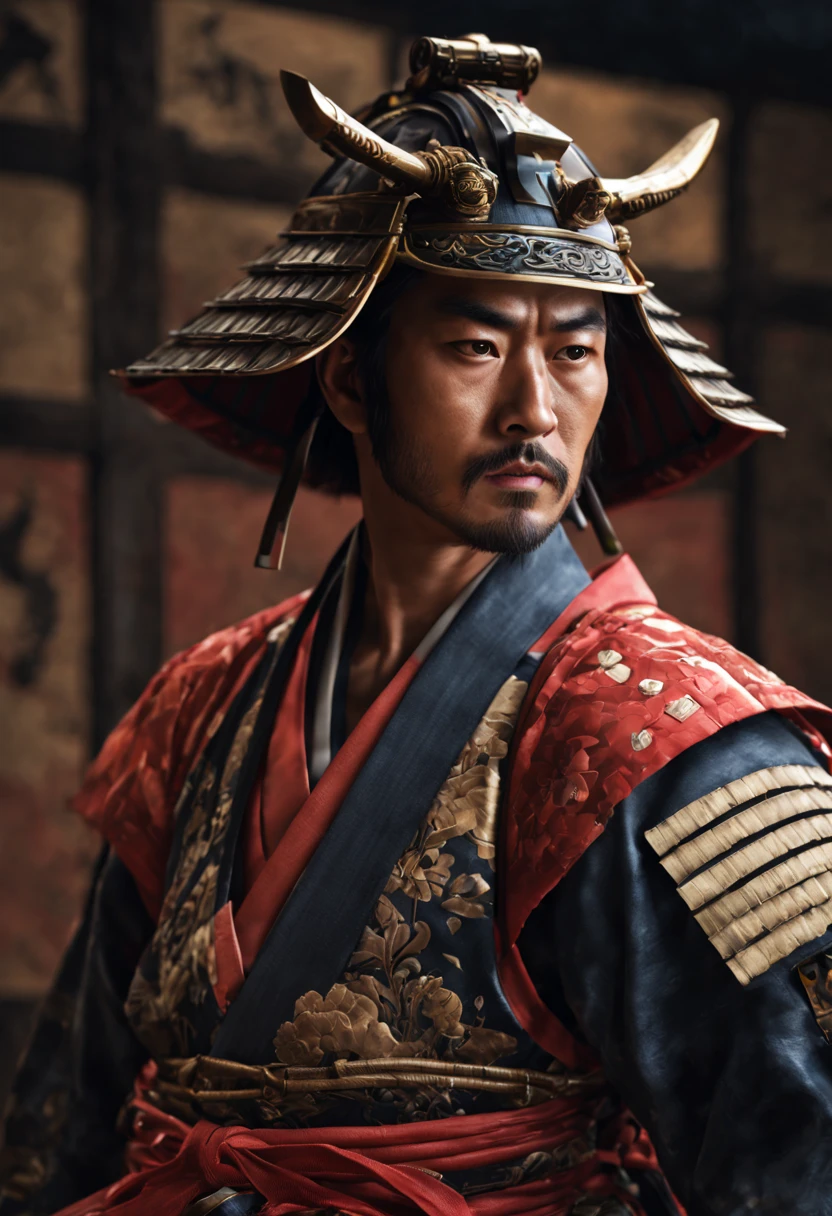 (best quality, 4k, 8k, high resolution, masterpiece: 1.2), ultra detailed, (realistic, photorealistic, photorealistic: 1.37), a samurai, traditional armor, ultra-fine painting, HDR, UHD, studio lighting, physics. Based on rendering, professional, vivid colors, long katana, shiny metallic armor, cloth tunic with intricate patterns, Shiroyama hill background sharp focus, polished helmet, decorative insignia, stoic and fierce expression, powerful posture, rippling muscles and defined physique, styled hair. , Artistic representation, spectacular lighting, color grading to enhance the traditional feel, authentic samurai footwear.