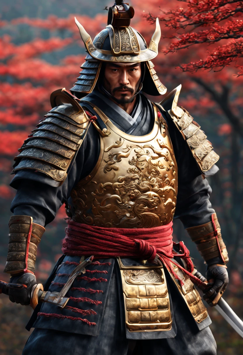 (best quality, 4k, 8k, high resolution, masterpiece: 1.2), ultra detailed, (realistic, photorealistic, photorealistic: 1.37), a samurai, traditional armor, ultra-fine painting, HDR, UHD, studio lighting, physics. Based on rendering, professional, vivid colors, long katana, shiny metallic armor, cloth tunic with intricate patterns, Shiroyama hill background sharp focus, polished helmet, decorative insignia, stoic and fierce expression, powerful posture, rippling muscles and defined physique, styled hair. , Artistic representation, spectacular lighting, color grading to enhance the traditional feel, authentic samurai footwear.