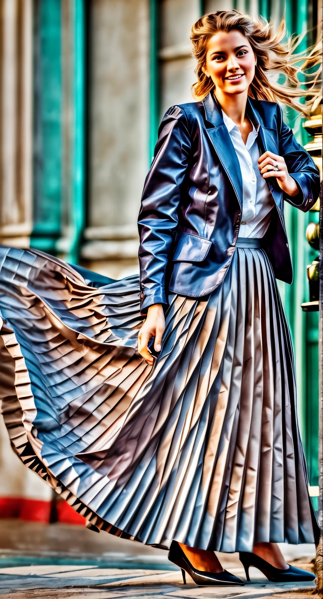 A smiling, authentic, (shy:1,3), kind, beautiful woman, is passionately in love with her skirt, sitting down on the gound while wind lifts her skirt, wearing short blazer and very very detailed (long (fully pleated) full circle skirt) and (low heeled court shoes), very very intricate hyper-detailed symmetric (attractive graceful young feminine face) with (sad, tired eyes and a loving smile), large breasts, full of empathy and compassion and love, (pronounced (feminine) features), (highly detailed ultra accurate realistic) hands and fingers, (windy), epic composition, highly detailed attributes, (35mm f1.4 Kodak portra 400 photograph), extremely high quality RAW photograph, highly detailed atmosphere, sci-fi, cinematic shot, dynamic lighting, 75mm, Technicolor, Panavision, cinemascope, sharp focus, fine details, 8k, HDR, realism, realistic, key visual, film still, superb cinematic color grading, depth of field