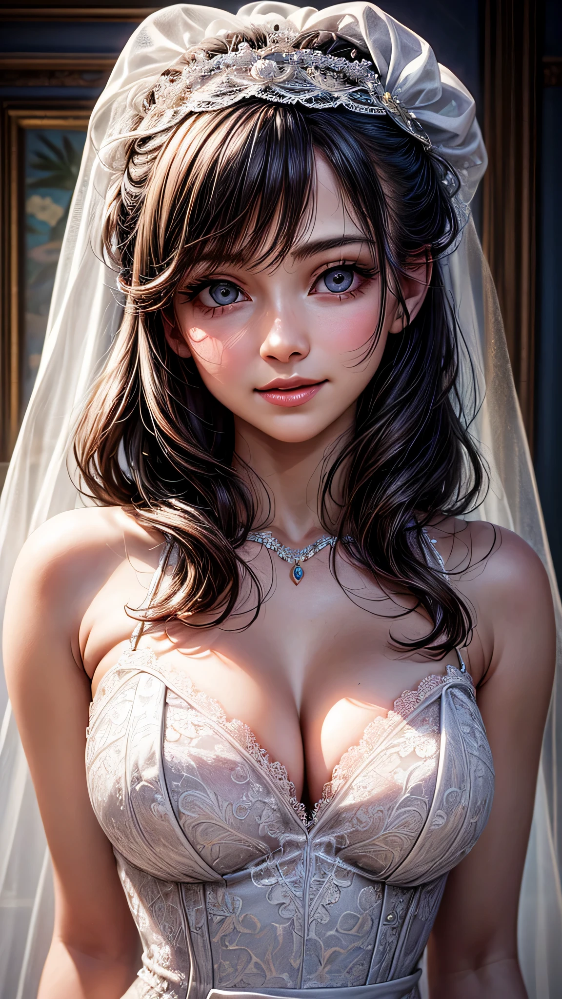 (1girl), ponytail, Extremely cute face, Amazing face and eyes, (Highly detailed eyes, Highly detailed face), fresh, Very clean appearance, (Hyper-realistic, hight resolution), (Best Quality:1.4), (hyper quality), Authentic skin texture, Raw photo, (Realistic, Photorealsitic:1.37), highly detailed, Professional Photography, (beautiful lace bridal dress:1.5), (lace bridal dress with open front), (cleavage:1.2), (Bare shoulders), Smile slightly, (Staring at me), luxury living room, girl portrait,