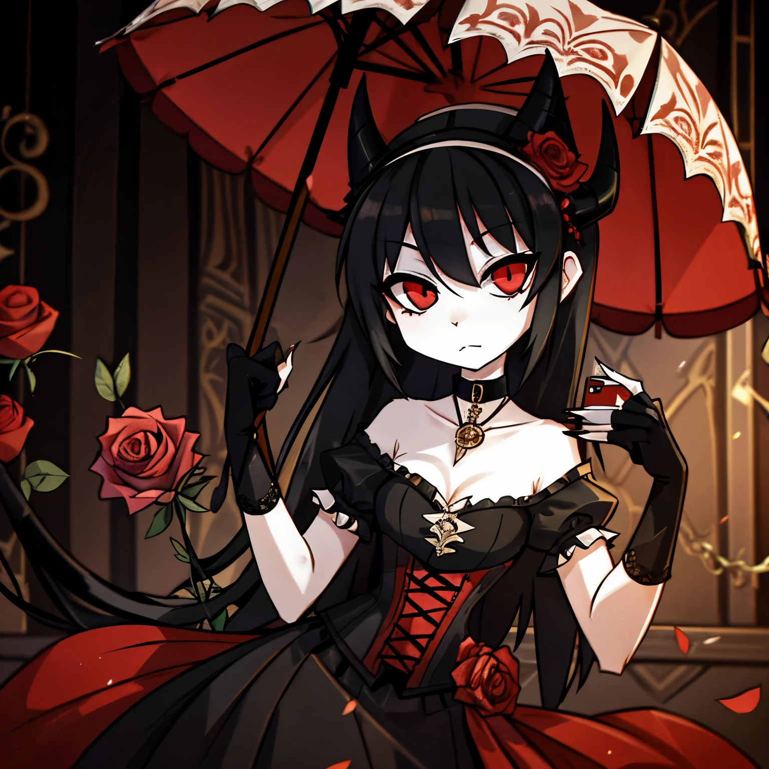 A tall and slender female demon with pale skin, long black hair, and red eyes. She has a pair of black horns on her head, a black tail with a rose-shaped tip, and black claws on her fingers and toes. She wears a red and black Victorian-style dress with a high collar, a corset, and a long skirt. She also wears a black hat with a red rose on it, a red choker with a pendant, and black gloves and boots. She carries a black umbrella with a rose handle and a red phone box-shaped purse.