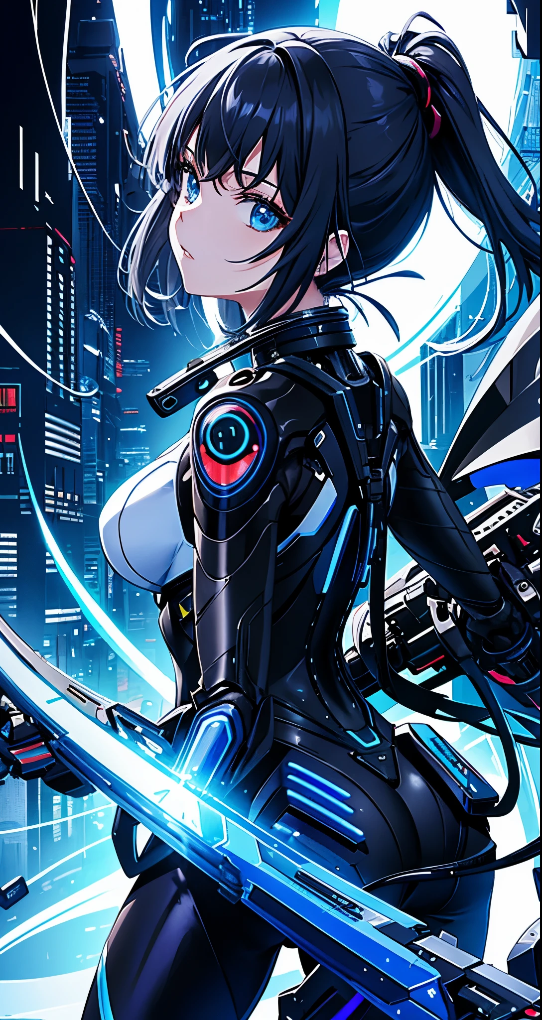 Highest quality 8K Ultra HD、Black Metallic Hidden Skin Latex Wetsuit , blue archive art style , ,pastel colors , Wearing a mix of futuristic tights and Sword Art Online clothing,((1 mechanical girl)),((mechanical limbs)),(Mechanical vertebrae attached to the back),((Mechanical cervical spine attachment to the neck)),,highest detail, Cyberpunk Hacker Girl,, Mechanized limbs