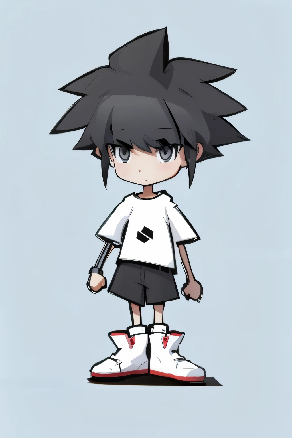 Cartoon boy with black hair, white shirt and red shoes, 2D style, anime style人物, 2Danime style, stylized anime, anime style化, anime style 3d, 扁平化anime style shading, anime style, 扁平化anime style, anime style, merge characters, Cartoon rendering art style, anime style, Chibi style, anime art style