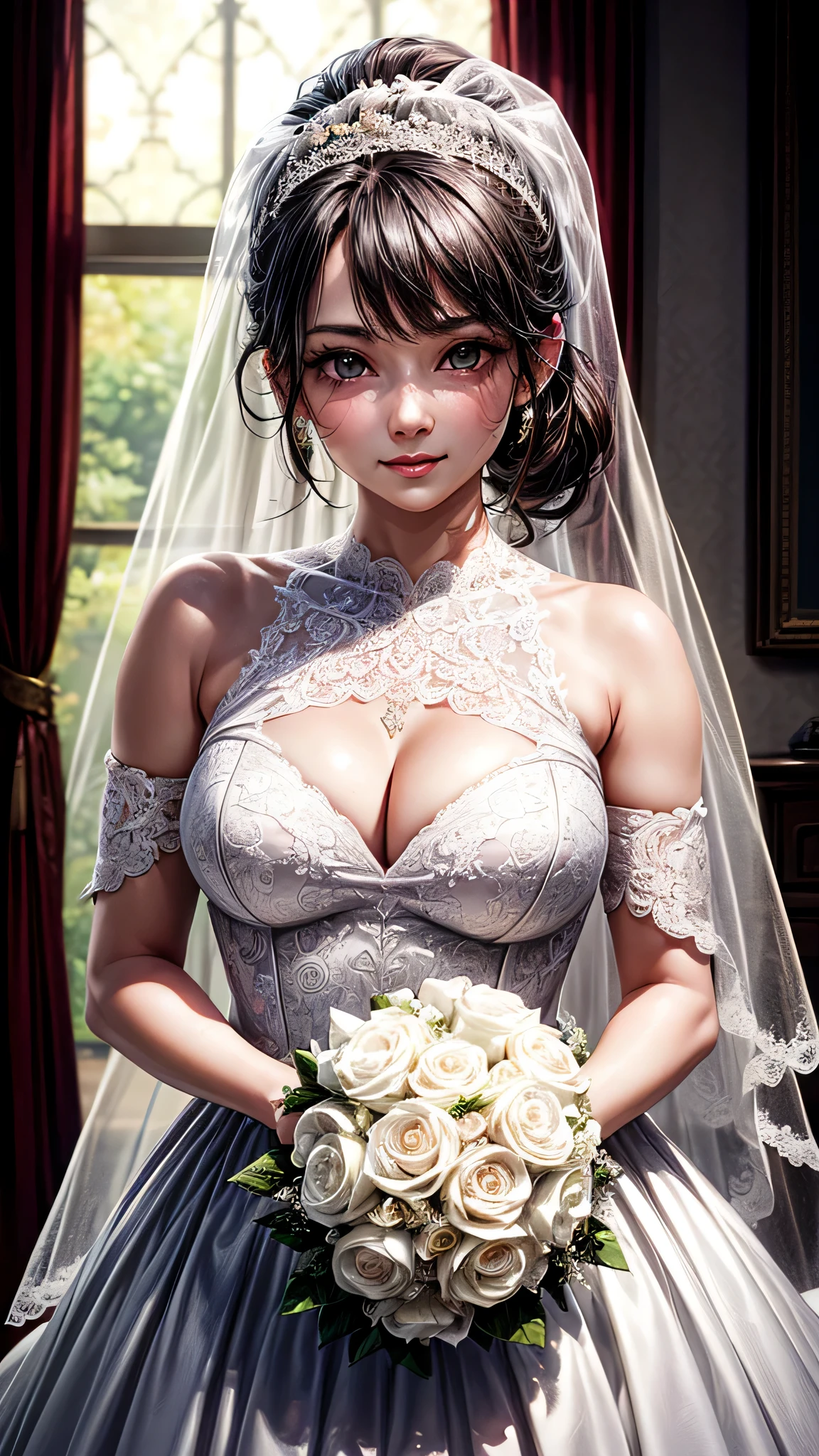(1girl), ponytail, Extremely cute face, Amazing face and eyes, (Highly detailed eyes, Highly detailed face), fresh, Very clean appearance, (Hyper-realistic, hight resolution), (Best Quality:1.4), (hyper quality), Authentic skin texture, Raw photo, (Realistic, Photorealsitic:1.37), highly detailed, Professional Photography, (beautiful lace bridal dress:1.5), (lace bridal dress with open front), (cleavage:1.2), (Bare shoulders), Smile slightly, (Staring at me), luxury living room, girl portrait,