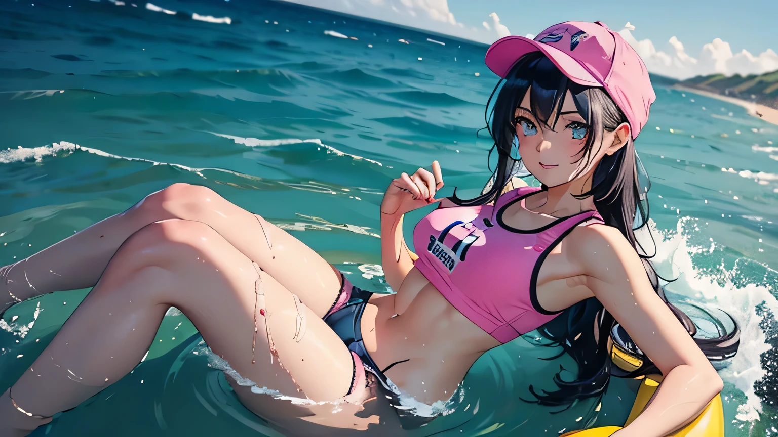  perfect litthing, ((sportrait)), 1woman, fit-muscled body, bright yellow eyes，dark blue hair , blue eyes, With round lenses, long hair, messy hair,  Wear a pink crop top, wear a pink cap ,Playing in the in sea, sitting in water , smile ,