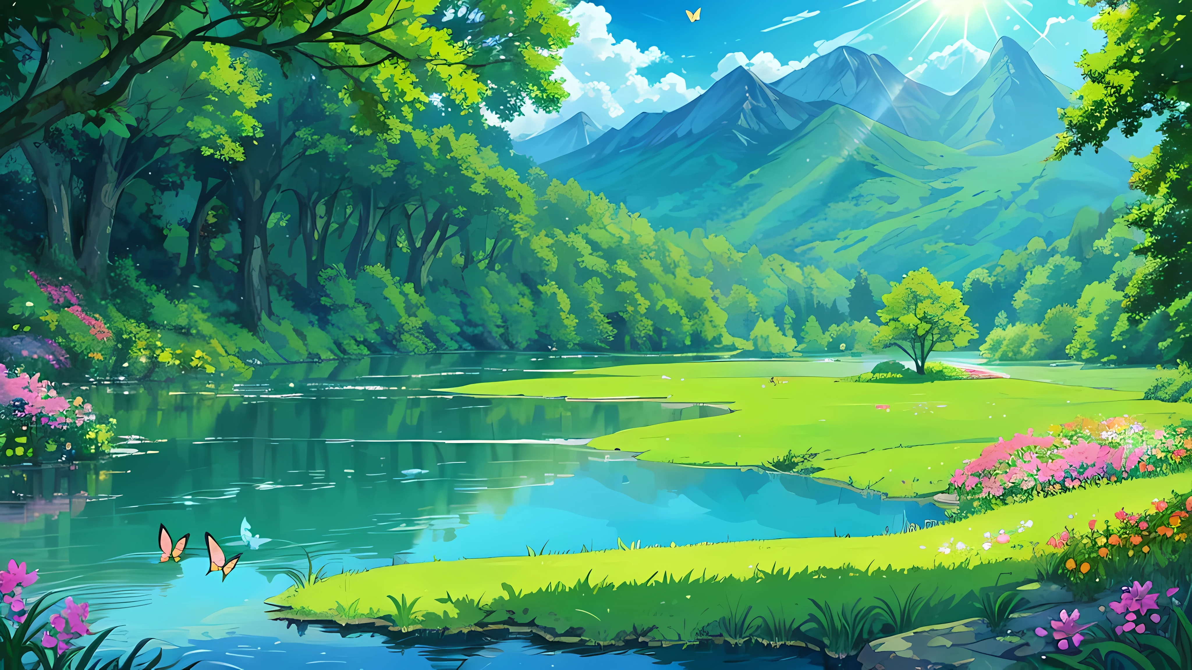 wild pond，(natural scenery)，(lake)，(Sunlight照耀下的)，(HD)，clear blue water，(high transparency)，Surrounded by lush green trees，(grassland)，The distant mountains are connected to the sky，(mountains)，(cloud)，(Sunlight)，(breeze blows)，(flowers bloom)，(Butterflies flying)，(beautiful)，(peaceful)