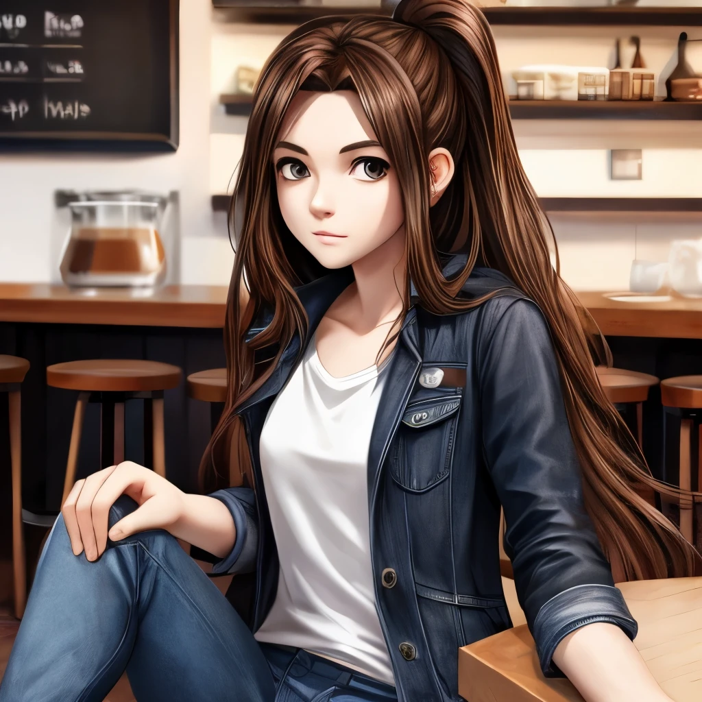 Girl, long brown hair, gray eyes, sharp features, white skin, T-shirt and jeans jacket style with pants, cafe