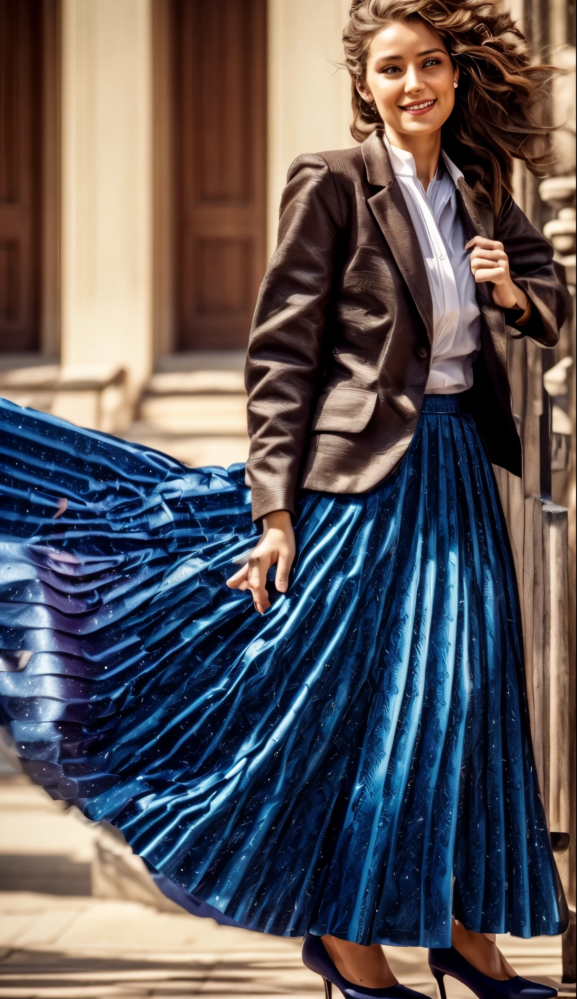 A smiling, authentic, (shy:1,3), kind, beautiful woman, is passionately in love with her skirt, sitting down on the gound while wind lifts her skirt, wearing short blazer and very very detailed (long (fully pleated) full circle skirt) and (low heeled court shoes), very very intricate hyper-detailed symmetric (attractive graceful young feminine face) with (sad, tired eyes and a loving smile), large breasts, full of empathy and compassion and love, (pronounced (feminine) features), (highly detailed ultra accurate realistic) hands and fingers, (windy), epic composition, highly detailed attributes, (35mm f1.4 Kodak portra 400 photograph), extremely high quality RAW photograph, highly detailed atmosphere, sci-fi, cinematic shot, dynamic lighting, 75mm, Technicolor, Panavision, cinemascope, sharp focus, fine details, 8k, HDR, realism, realistic, key visual, film still, superb cinematic color grading, depth of field