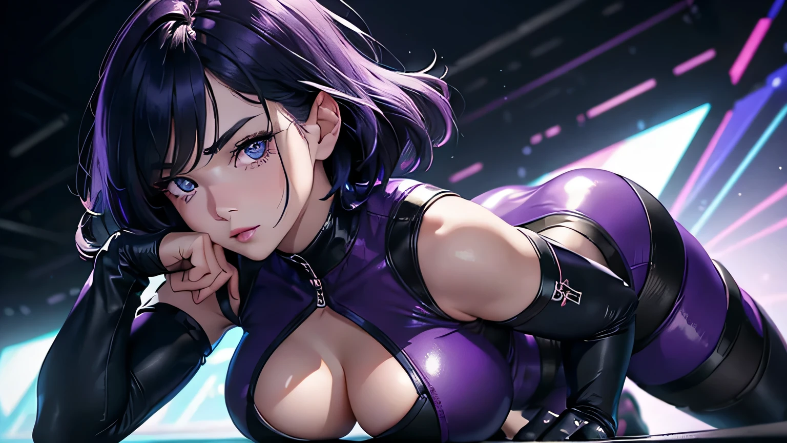 4K, A high resolution, Best quality at best, masterpiece, perfect colors, perfect shadow, perfect litthing, ((sportrait)), 1woman, fit body, heterochromia eyes，dark blue hair , blue eyes, With round lenses, The audience watched carefully, (s face: 1.2), Perfect female figure, ((dynamic pose)), ((purple Tight crop top, half breast, purple leather suit)), ((shy and looking at viewert)), (Perfect thick white eyebrows) Delicate fur, 详细s face, s the perfect face,  , (dynamic pose), cyberpunk abstract background, ((Bonifasko lighting)), (The round lenses on his eyes)(detailed eyes), Perfect student, ((face close up))