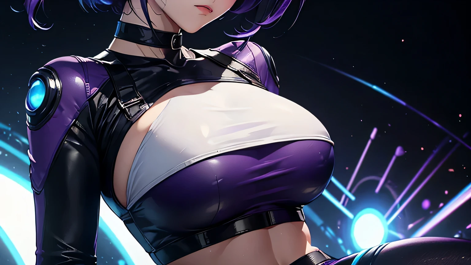 4K, A high resolution, Best quality at best, masterpiece, perfect colors, perfect shadow, perfect litthing, ((sportrait)), 1woman, fit body, heterochromia eyes,dark blue hair , blue eyes, With round lenses, The audience watched carefully, (s face: 1.2), Perfect female figure, ((dynamic pose)), ((purple Tight crop top, half breast, purple leather suit)), ((shy and looking at viewert)), (Perfect thick white eyebrows) Delicate fur, 详细s face, s the perfect face, , (dynamic pose), cyberpunk abstract background, ((Bonifasko lighting)), (The round lenses on his eyes)(detailed eyes), Perfect student, ((face close up))