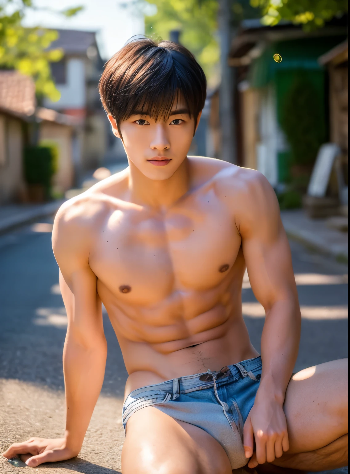 young man, 22 years old, Good looking, Looks like a Korean actor, cute face, white skin, small mouth, Slender face, very short hair, handsome, Confident eyes, fit, Broad shoulders, have abdominal muscles, naked, naked,sitting on the floor, butt showing, Open your legs in a V shape., in a village’s street, bright, outdoor, likes to show off his penis, clearly shows the penis, There was one decent sized penis., Don't feel embarrassed., Was gangbanged for taking pictures, Slut, Shameless, exhibitionist, pose like prostitute, natural light, both eyes are the same, muscular, perfect eyes, nipples showed, penis exposed, Global illumination, tall, full body, tiny waist, soft light, dream light, digital painting, extremely detailed CGI, hd, 8k, 4k background