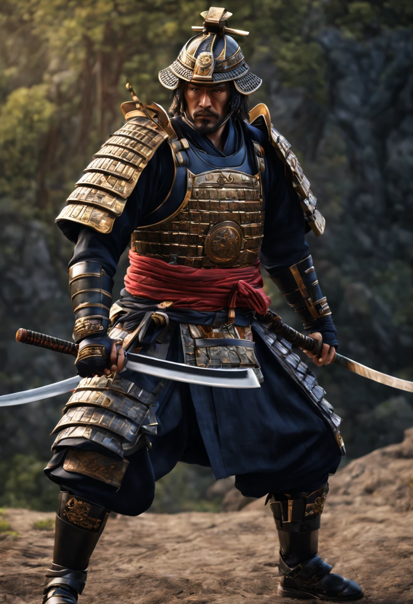 (best quality, 4k, 8k, high resolution, masterpiece: 1.2), ultra detailed, (realistic, photorealistic, photorealistic: 1.37), a samurai, traditional armor, ultra-fine painting, HDR, UHD, studio lighting, physics. Based on rendering, professional, vivid colors, long katana, shiny metallic armor, cloth tunic with intricate patterns, Shiroyama hill background sharp focus, polished helmet, decorative insignia, stoic and fierce expression, powerful posture, rippling muscles and defined physique, styled hair. , Artistic representation, spectacular lighting, color grading to enhance the traditional feel, authentic samurai footwear.