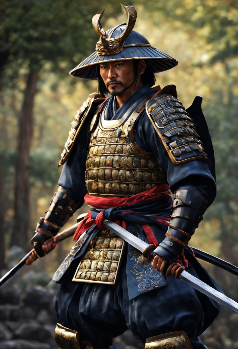 (best quality, 4k, 8k, high resolution, masterpiece: 1.2), ultra detailed, (realistic, photorealistic, photorealistic: 1.37), a samurai, traditional armor, ultra-fine painting, HDR, UHD, studio lighting, physics. Based on rendering, professional, vivid colors, long katana, shiny metallic armor, cloth tunic with intricate patterns, Shiroyama hill background sharp focus, polished helmet, decorative insignia, stoic and fierce expression, powerful posture, rippling muscles and defined physique, styled hair. , Artistic representation, spectacular lighting, color grading to enhance the traditional feel, authentic samurai footwear.