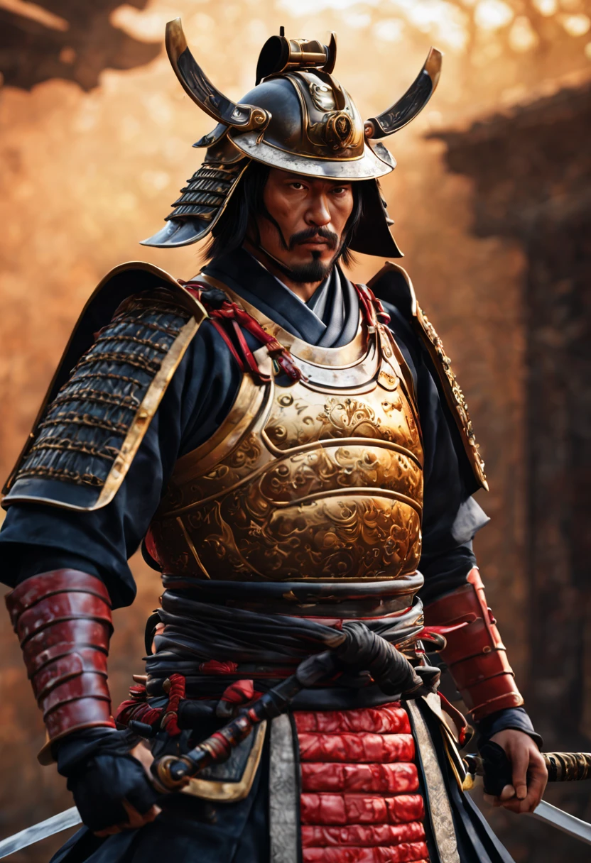 (best quality, 4k, 8k, high resolution, masterpiece: 1.2), ultra detailed, (realistic, photorealistic, photorealistic: 1.37), a samurai, traditional armor, ultra-fine painting, HDR, UHD, studio lighting, physics. Based on rendering, professional, vivid colors, long katana, shiny metallic armor, cloth tunic with intricate patterns, Shiroyama hill background sharp focus, polished helmet, decorative insignia, stoic and fierce expression, powerful posture, rippling muscles and defined physique, styled hair. , Artistic representation, spectacular lighting, color grading to enhance the traditional feel, authentic samurai footwear.