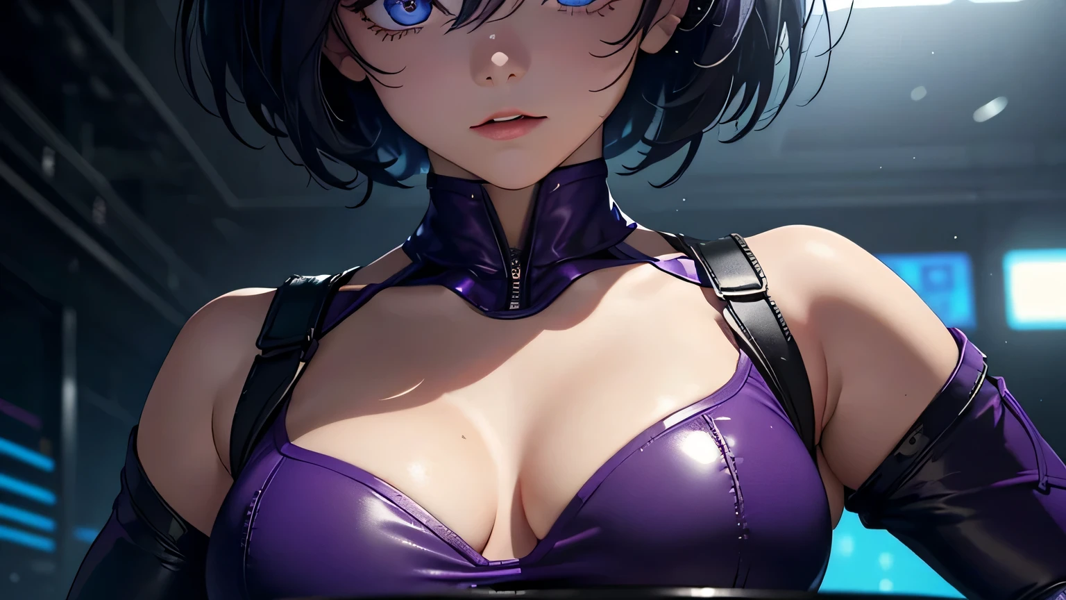 4K, A high resolution, Best quality at best, masterpiece, perfect colors, perfect shadow, perfect litthing, ((sportrait)), 1woman, fit body, heterochromia eyes,dark blue hair , blue eyes, With round lenses, The audience watched carefully, (s face: 1.2), Perfect female figure, ((dynamic pose)), ((purple Tight crop top, half breast, purple leather suit)), ((shy and looking at viewert)), (Perfect thick white eyebrows) Delicate fur, 详细s face, s the perfect face, , (dynamic pose), cyberpunk abstract background, ((Bonifasko lighting)), (The round lenses on his eyes)(detailed eyes), Perfect student, ((face close up))