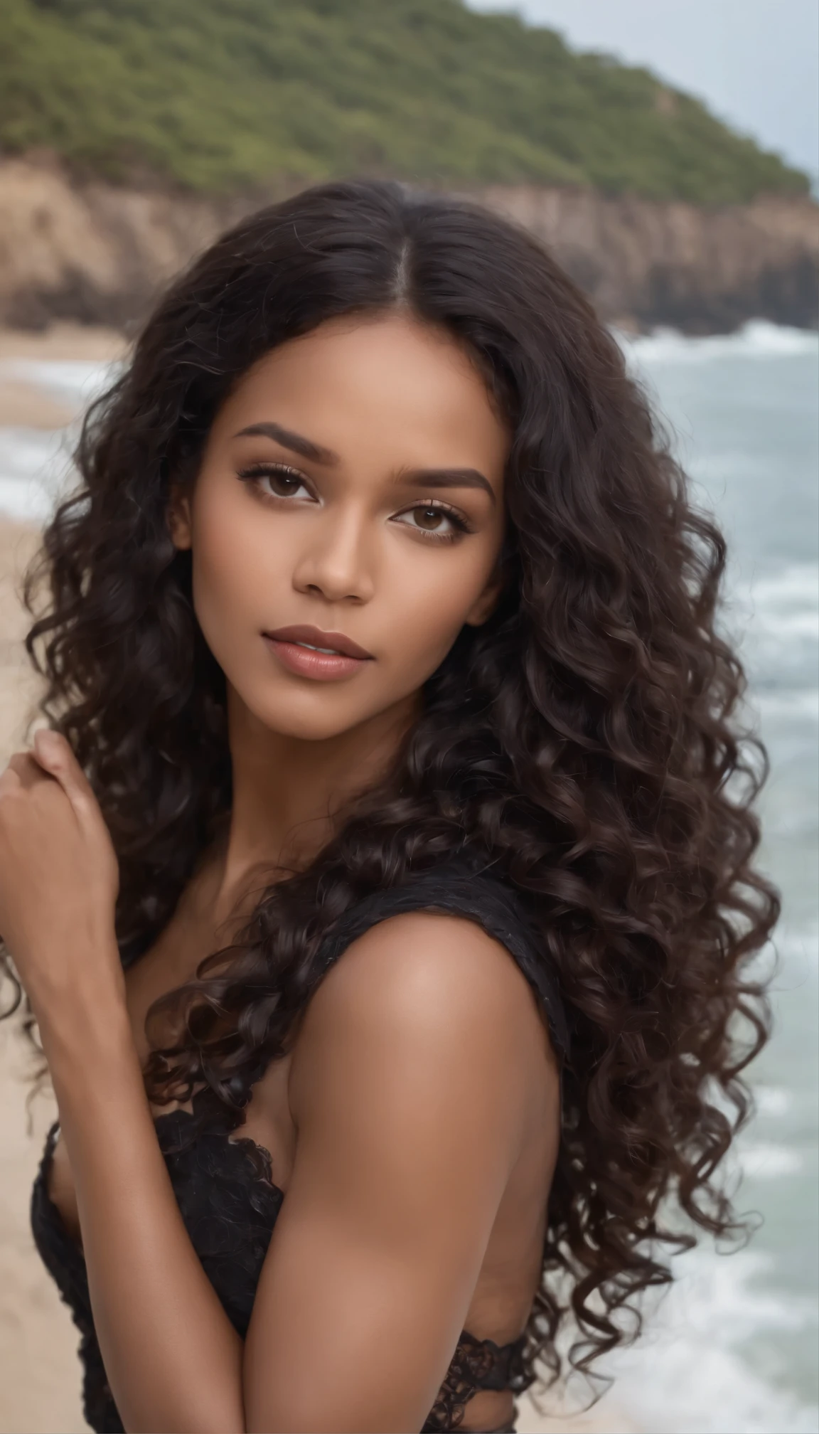 A beautiful and surprising black Brazilian woman, full body,Free loops, long curly black hair, Black wild long curly hair, Multiversal Hair, Brazilian, long, curly black hair, attract, extended wavy hair, Baroque loops, attract, curly, Helles, curly hair, hair, large bust, super realistic, photo quality, magazine cover, beach wear fashion shoot, sexy, seductive, no bokeh --ar 9:16 --v 6.0