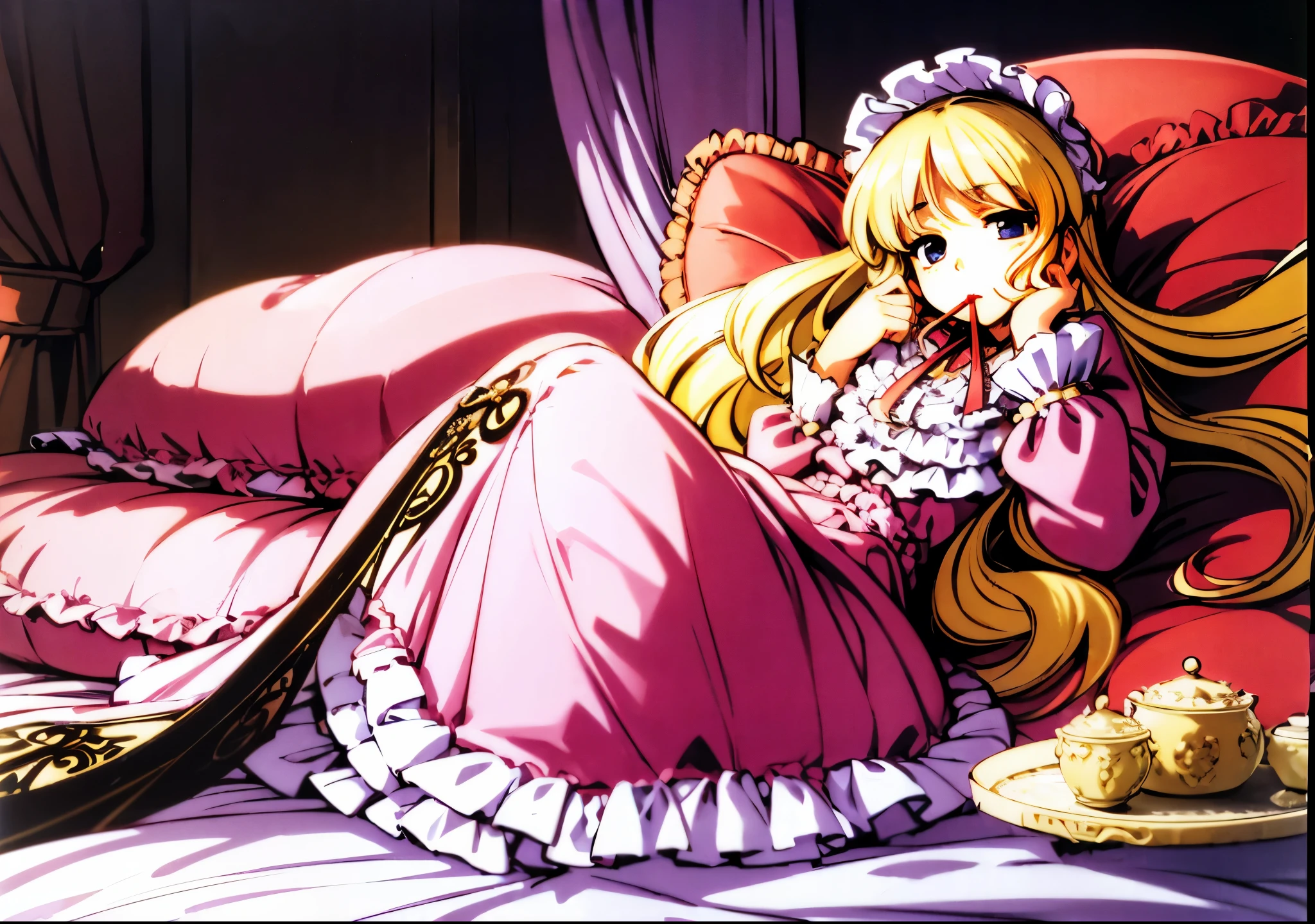 ,highest quality, masterpiece, highest resolution, artwork, super それにget used to it, many get used to it, get used to it, それにget used to it, 3K anime illustration,(( girl)),Super detailed baby face,high quality small face,long blonde hair that grows to the waist,blue eyes,白い肌のeuropean,pajamas, european,(((super long blonde hair))),curly hair,blue eyes,((((ピンクのロリータファッションのlong skirtのワンピースドレス)))),((Pink dress with lots of frills and ribbons)),((Luxurious headdress with frills and ribbons)),detailed headdress,,(((big yoke collar))),Yoke collar with ruffles and ribbons,((((long sleeve)))),ruffle sleeves,((((long skirt)))),white ruffle and lace socks,large frill and ribbon pillow,detailed costume,ピンクの贅沢なcanopy bedの上,canopy bed,The bed is surrounded by luxurious curtains,many frilly pillows on the bed,super detailed background,detailed bed,romantic atmosphere,soft pink comforter,soft ruffle pillow,Beautiful girl illustration,detailed beautiful face detailed hair,detailed human eye ,detailed mouth, arm details,fine hands,Detailed pillow,wide bed,Illustration on the bed, ,((((round futon)))),((((A large ruffled futon that covers the entire bed)))),detailed comforter,detailed bedシーツ,