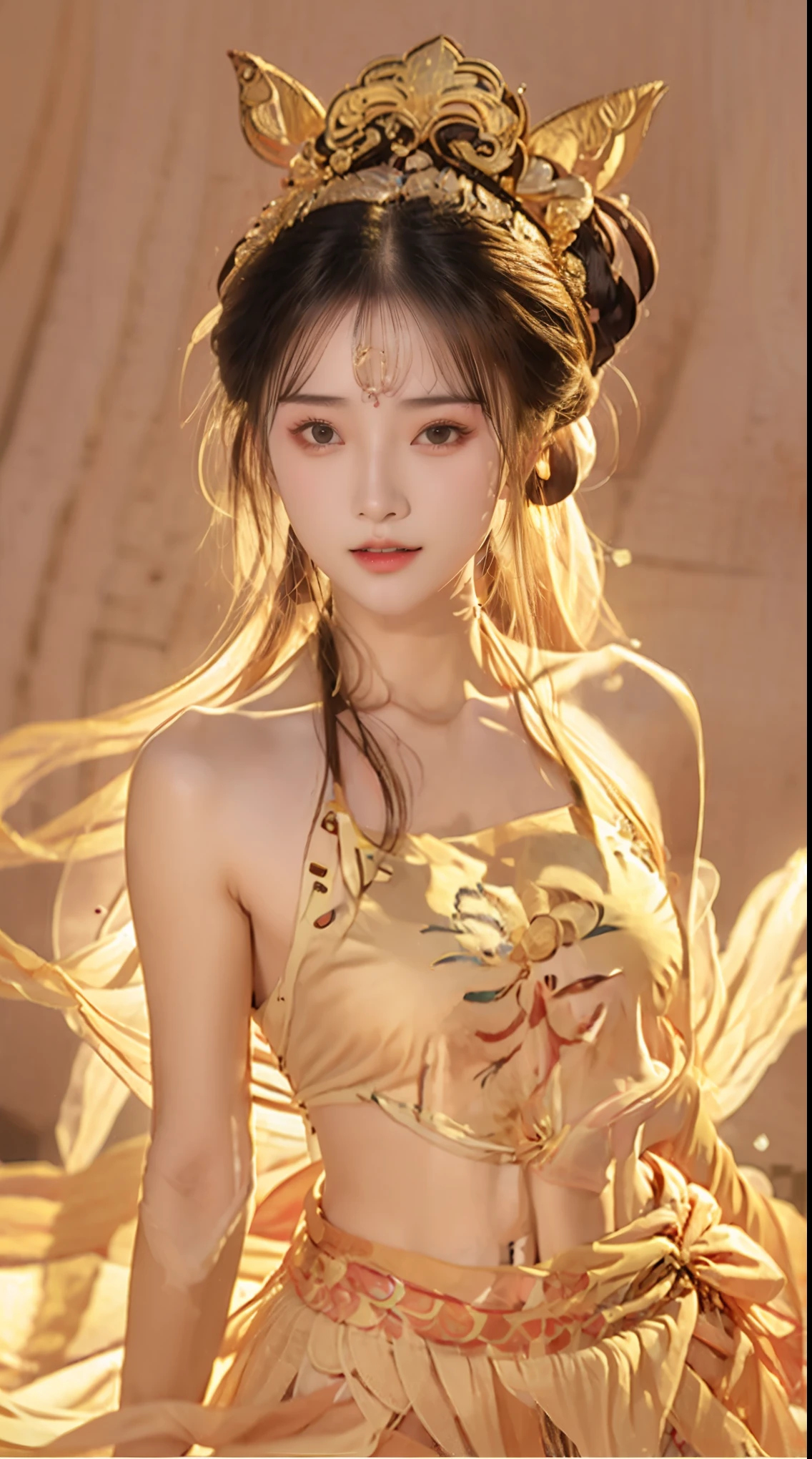 Half-length photo, face close-up, face shot, a beautiful woman, messy hair, girly, Symmetrical bun, hair accessories, jewelry, delicate face, (Colorful halter neck clothes: 1.5), (Orange slit skirt 1.7), (golden pattern: 1.5), crop top, Dunhuang style, many ribbons, delicate skin, soft light effect, delicate and Smooth hair, Exquisite details, Eye highlights, White skin, Delicate depiction, extreme details, quality, thin, thin and long, shattered, hair details, thin bangs, Shawl hair, correct body, shadow, air bangs, 8k, super thin, fine fabric texture, soft, Smooth, Smooth texture, ((Dunhuang style))) )，