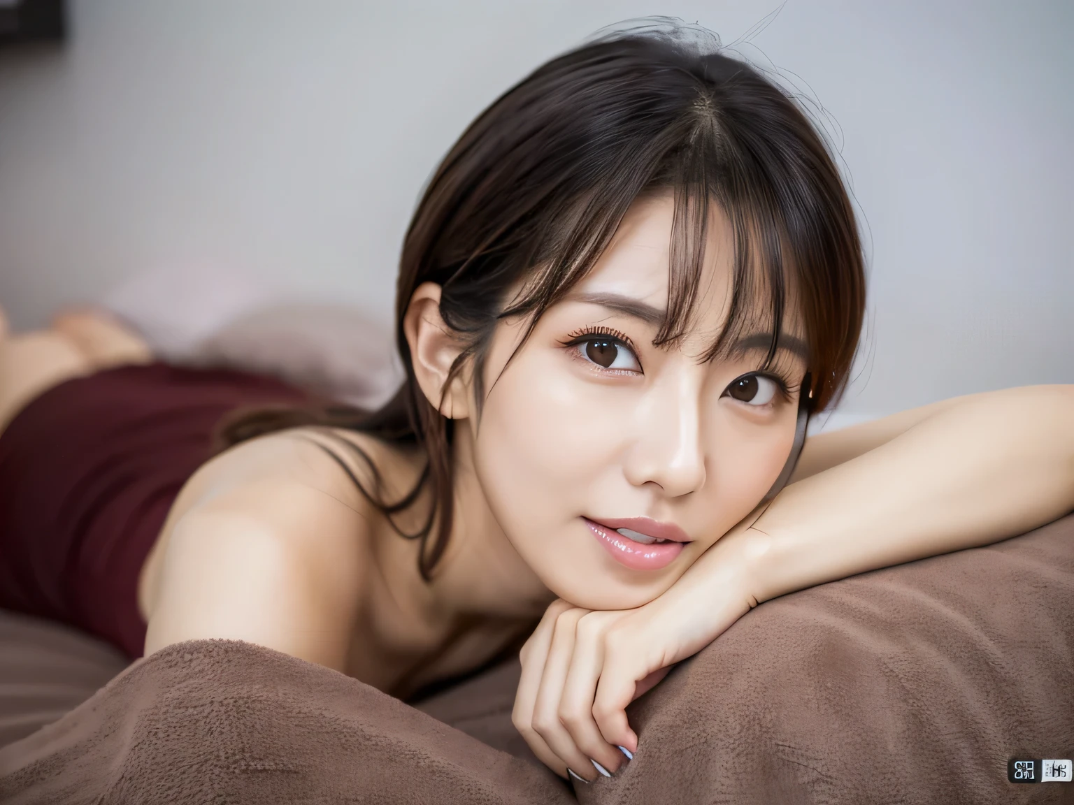 highest resolution, 4k, masterpiece: 1.3), japanese mature, sexy, fine eyes, 30 generation women, realistic teeth, double eyelid, whole body, highest quality, be familiar with, bite your lower lip, lie in bed
