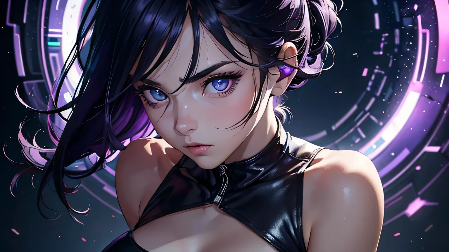 cinematic, intricate, hyper-detailed, beautiful woman, sexy futuristic sleeveless outfit, deep cleavage, perfect breasts, intricate futuristic patterns, intricate jewelry, glowing neon lights, dramatic lighting, cinematic composition, vibrant colors, glossy skin, mesmerizing eyes, full lips, detailed facial features, dynamic pose, cinematic atmosphere