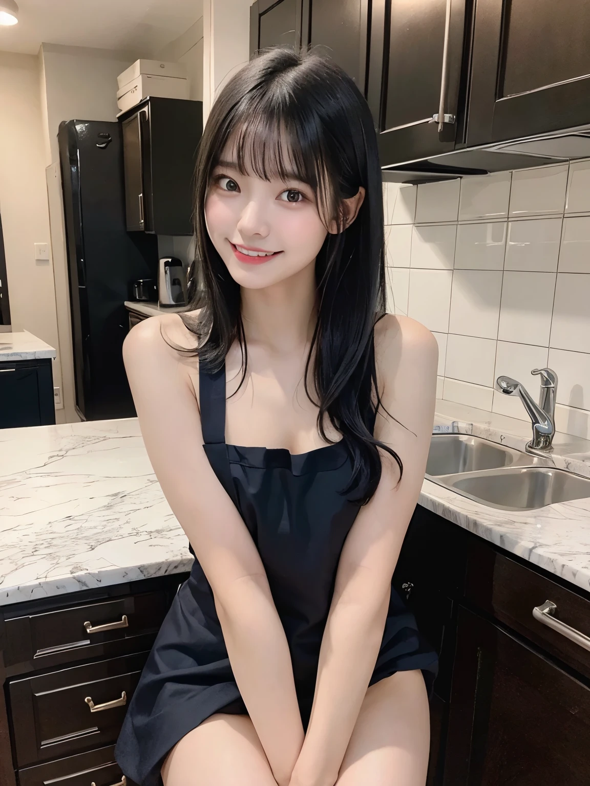 highest quality、8K、ultra high resolution、Super detailed face and eyes、Highly detailed face and skin texture、glowing skin、shiny skin、master piece:1.3、1 girl、A beautiful woman with slim abs as an accent:1.3、super detail face、delicate eyes、double eyelid、full shot、20-year-old、((open your mouth and laugh、A sluggish smile、sensual look))、((black hair、dark blue hair))、long hair、straight hair、((apron、nakedapron))、((full nude、naked、I&#39;m not wearing anything))、kitchen、kitchen、Erotic、Eroticチック、sexy、sexyポーズ、Bewitching