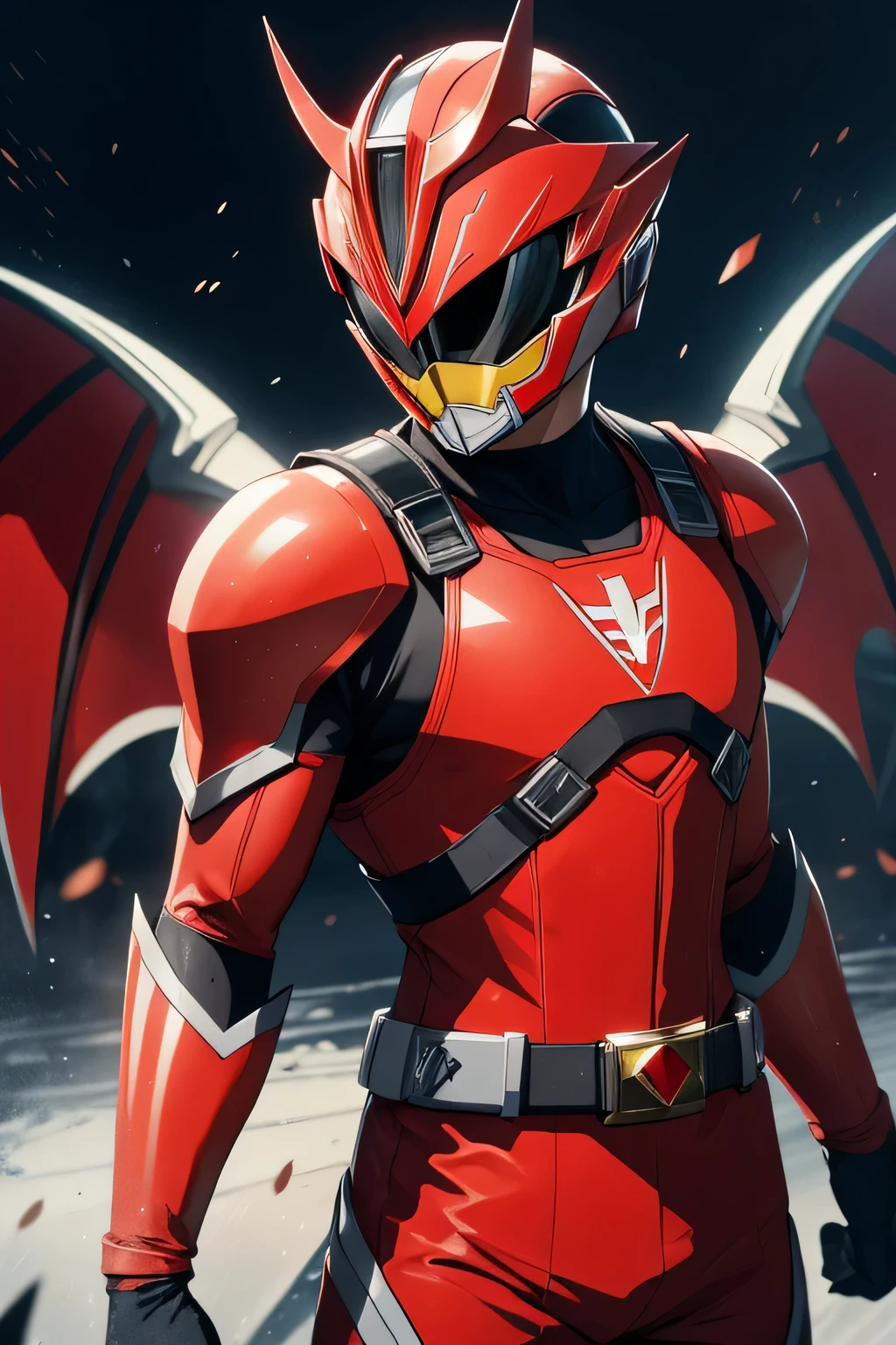 super sentai, power rangers, red ranger, bahamut theme, bodysuit, armor, full face helmet, tokusatsu