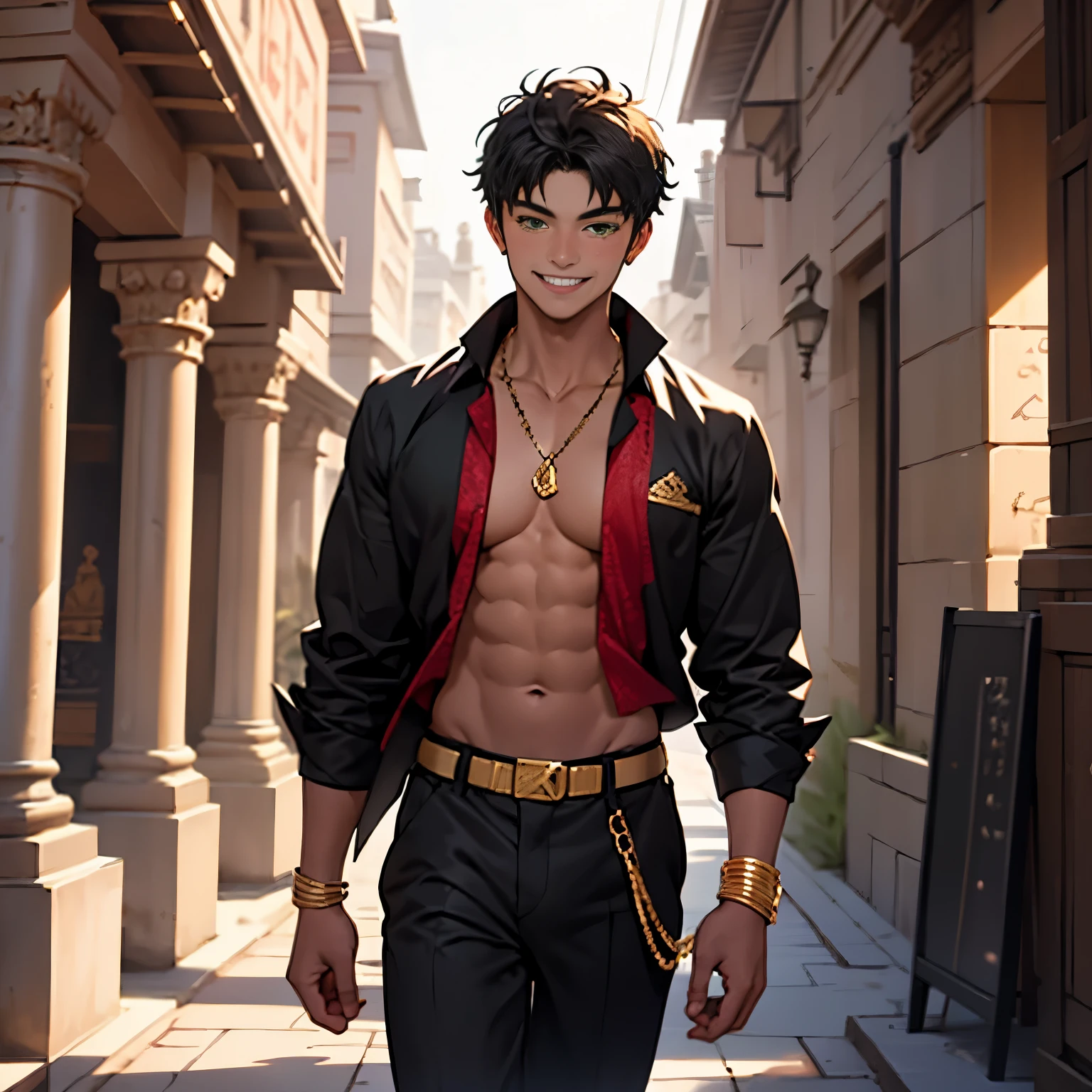 A thin -yeld boalks smiling through the palaces of ancient Egypt black hair brown skin green eyes elegant black clothes with gold with a bare chest wears red gold jewelry