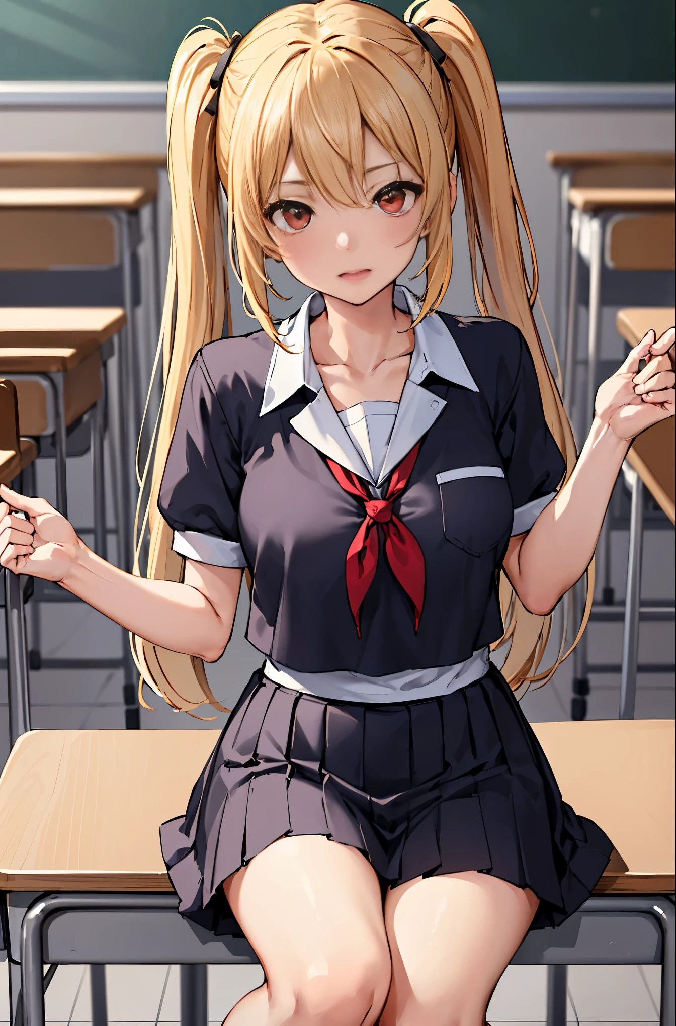 (masterpiece:1.2, highest quality), 1 female, alone, school uniform, classroom, Day, sit, blonde, twin tails, red eyes, Open collaboration bone, black skin, (open chest:1.1),front angle:1.15, JK, LJK, golden background, big breasts