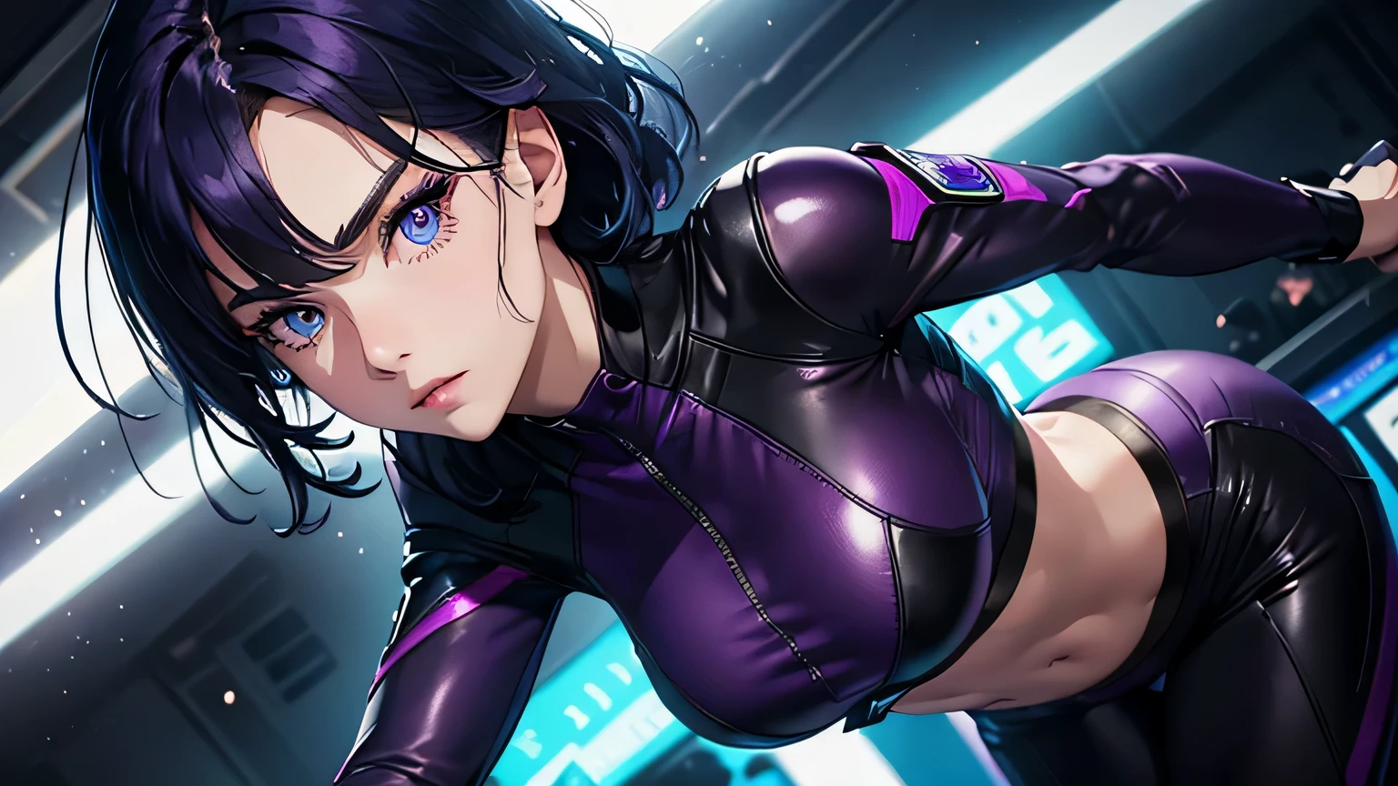 4K, A high resolution, Best quality at best, masterpiece, perfect colors, perfect shadow, perfect litthing, ((sportrait)), 1woman, fit body, heterochromia eyes,dark blue hair , blue eyes, With round lenses, The audience watched carefully, (s face: 1.2), Perfect female figure, ((dynamic pose)), ((purple Tight crop top, half breast, purple leather suit)), ((shy and looking at viewert)), (Perfect thick white eyebrows) Delicate fur, 详细s face, s the perfect face, , (dynamic pose), cyberpunk abstract background, ((Bonifasko lighting)), (The round lenses on his eyes)(detailed eyes), Perfect student, ((face close up))