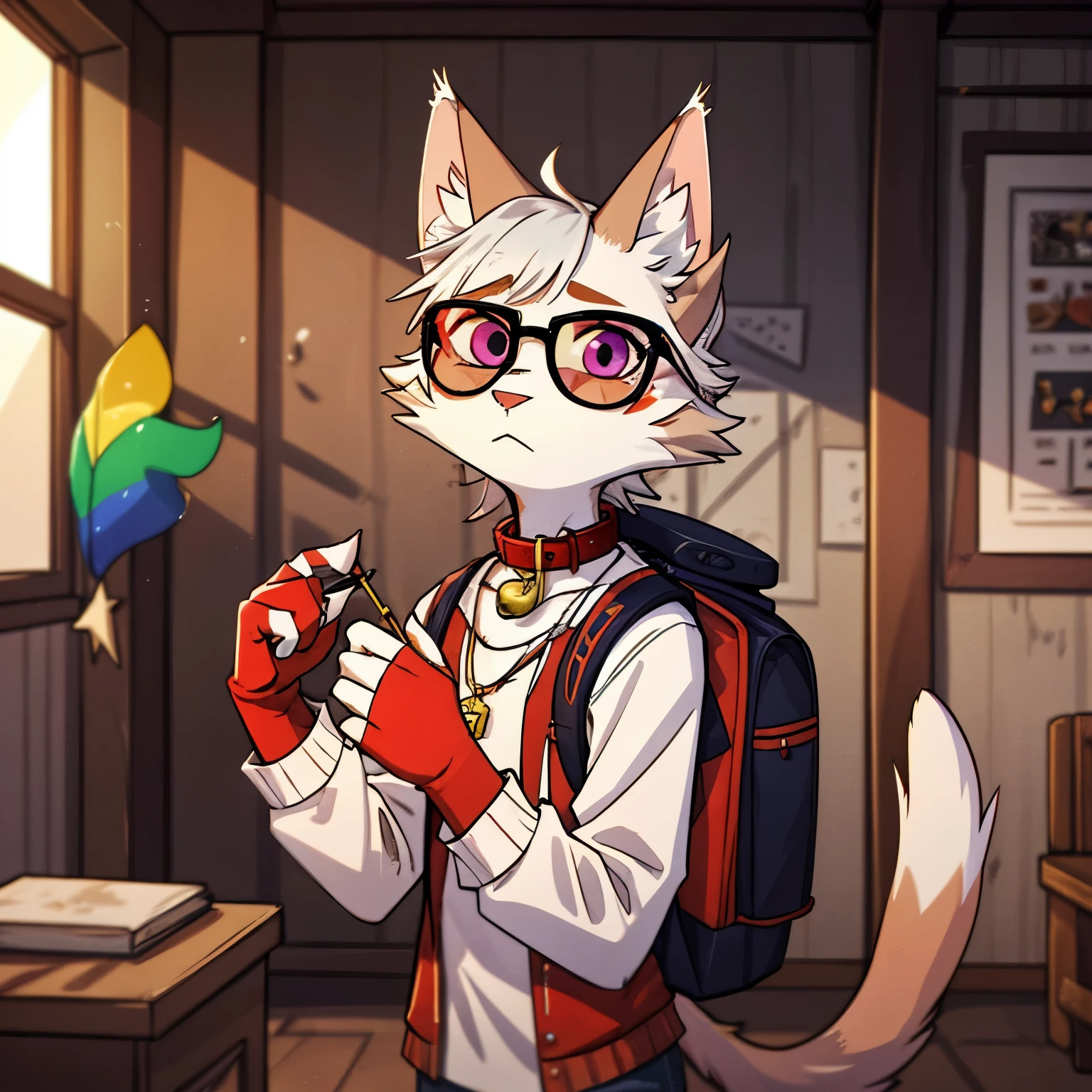 A small and fluffy male cat demon with multicolored fur and eyes. He has a pair of white horns on his head, a white tail with a star-shaped tip, and white paws. He wears a colorful collar with a bell and a rainbow pendant. He also wears a pair of sunglasses and a backpack with chalk pieces inside.