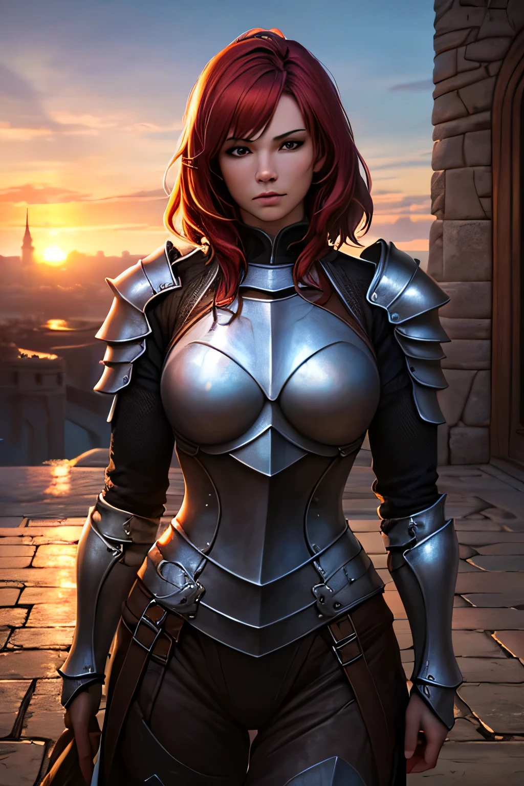 1 woman, solo, armor, muscular, red hair, (knight), dynamic angle, {{extremely detailed, absurdres, 8k, masterpiece}}, (rembrandt, midjourney), {unreal engine 5, realistic}, sunrise, {{castle in background}}